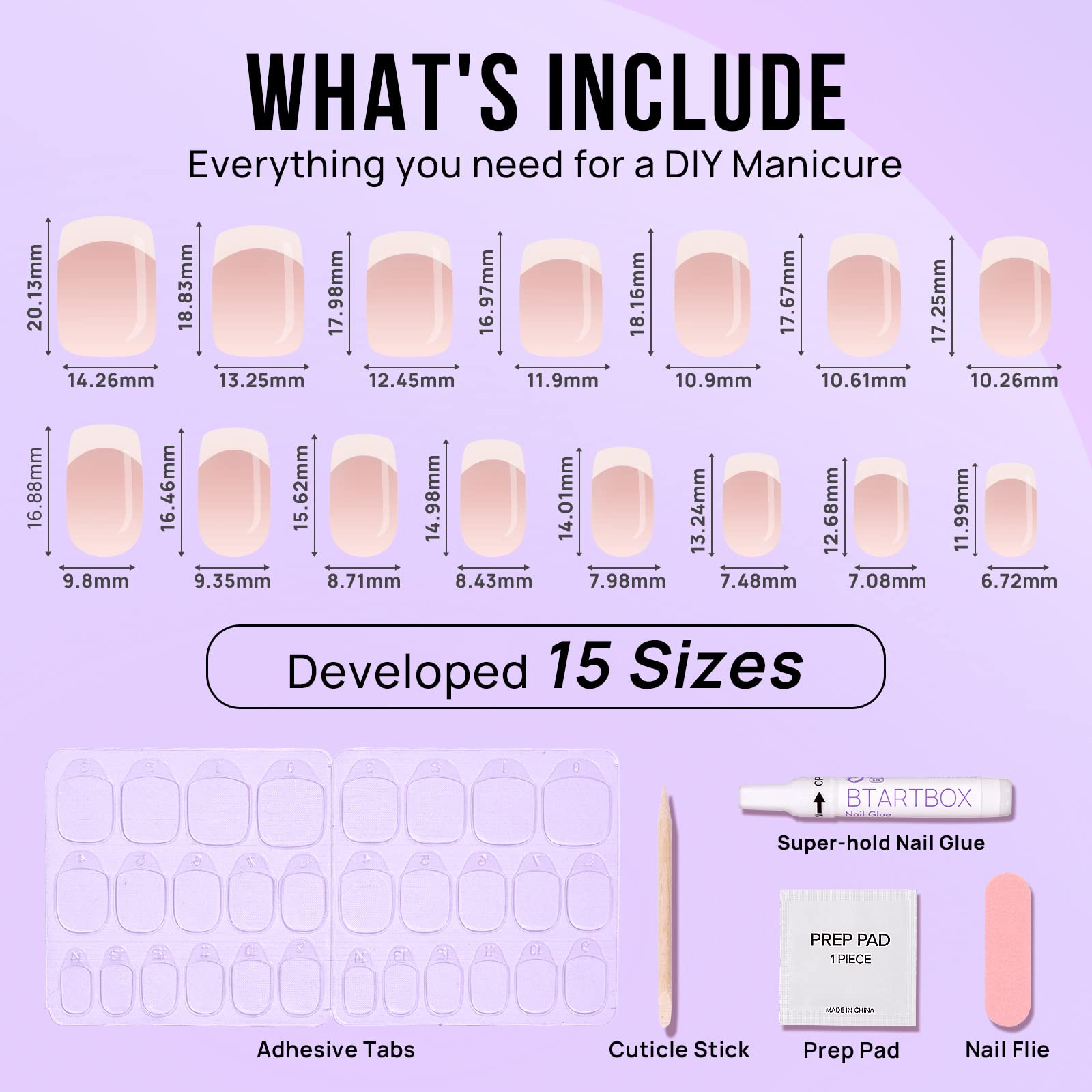 BTArtbox Stick On Nails Short - Square French Tip False Nails With Glue, 30Pcs Soft Gel Fake Nails in 15 Sizes, Reusable Semi-Transparent Glue On Nail for Women, French Girl