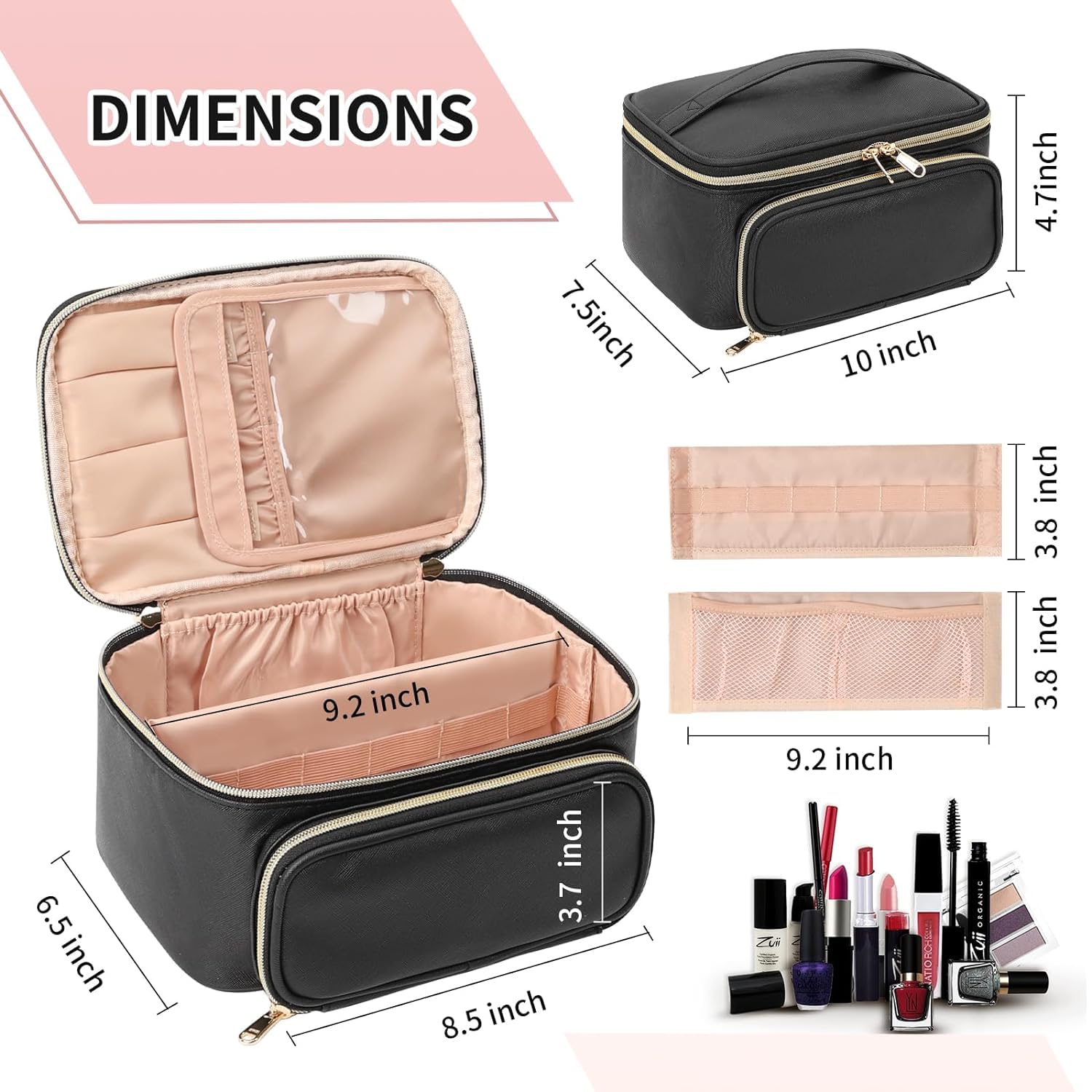 Travel Makeup Bag, Portable Cosmetic Bag with Makeup Brush Organiser Large Capacity Make up Case Water-Resistant Toiletry Bag for Women Travel Essentials, Large