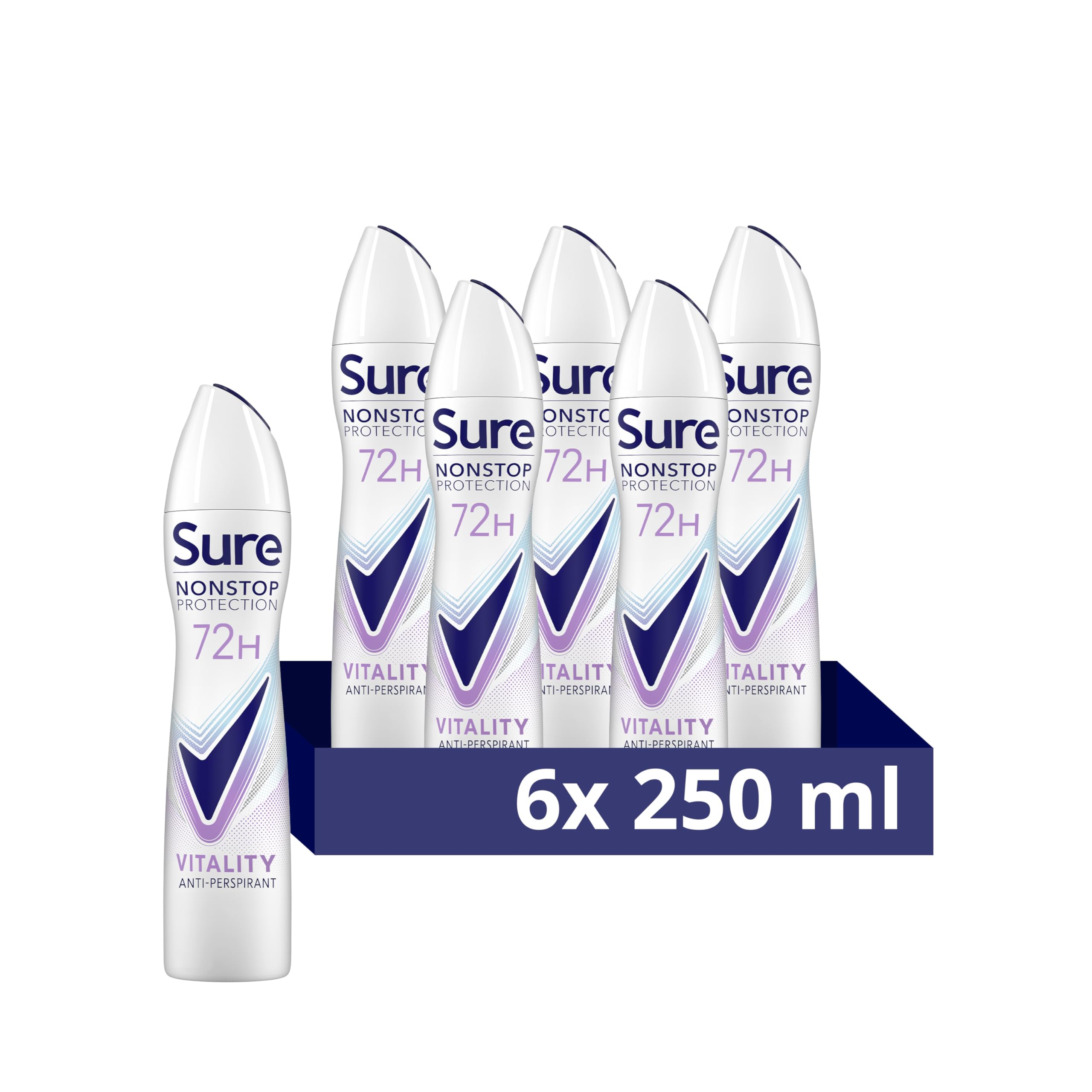 Sure Nonstop Protection Vitality Anti-Perspirant Aerosol Women's Deodorant Spray with Body Heat Activated tech. and a coconut & lotus flower scent for 72 hour odour and sweat protection 6x 250 ml