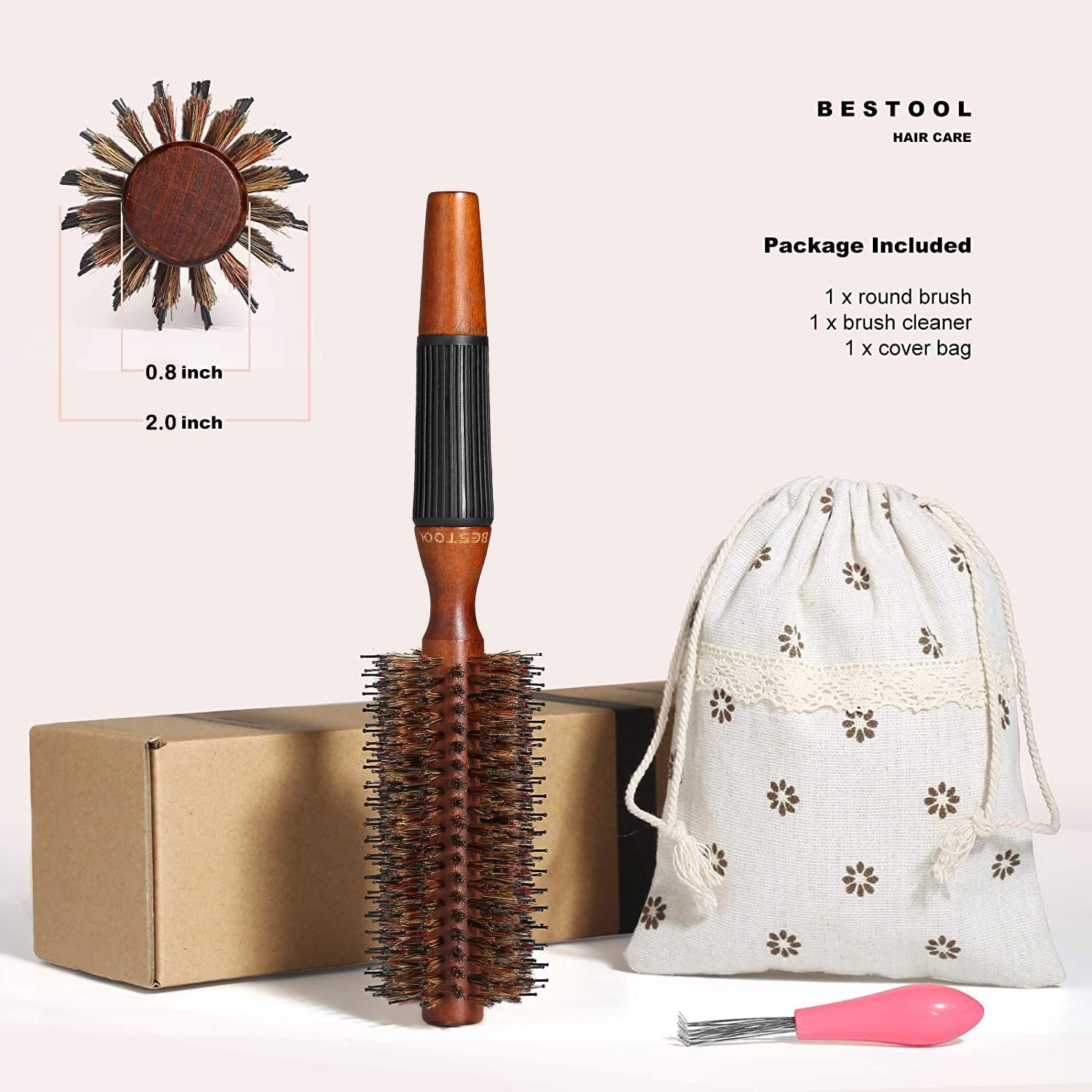 BESTOOL Round Brush for Blow Drying, Boar Bristle Round Hair Brush with Wooden Barrel, Large Round Styling Brush for Women & Men, Straightening, Curling, Adding Shine or Volume (2 inch)