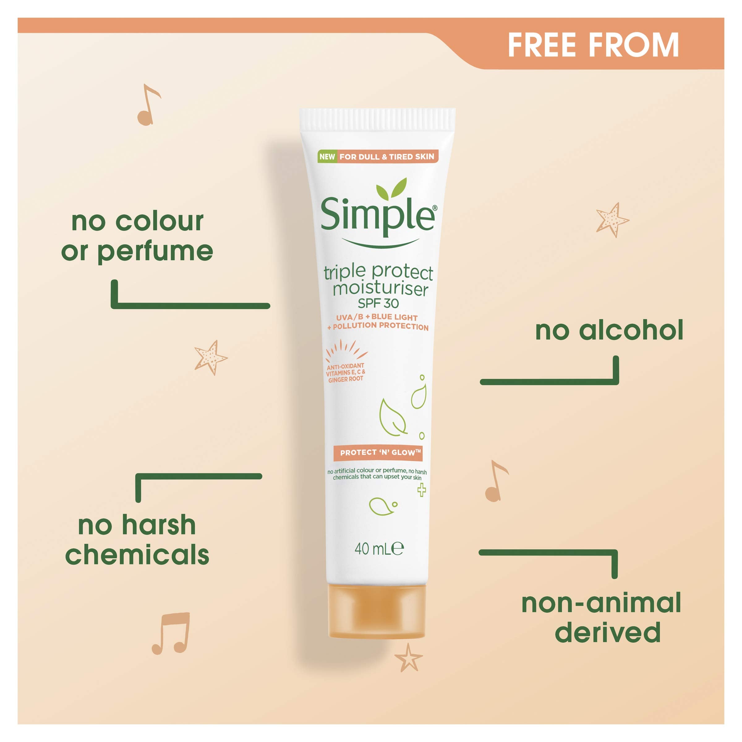 Simple Protect 'N' Glow SPF 30 For Glowing Skin Triple Protection Moisturiser Non-Chalky Vitamin C Face Cream 40 ml