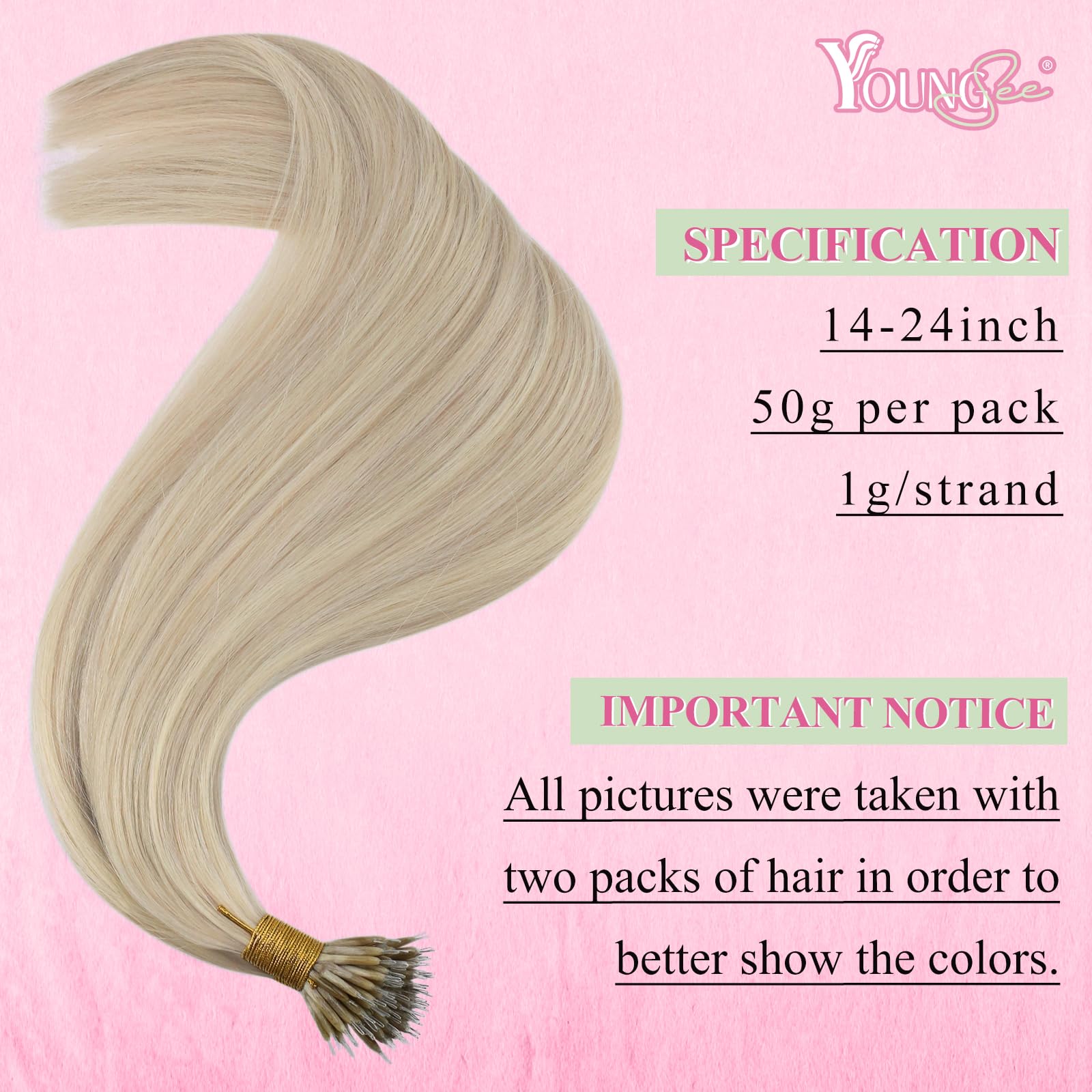 YoungSee Nano Hair Extensions Blonde 16inch Nano Bead Hair Extensions Human Hair Warm Ash Blonde Highlight Bleach Blonde Nano Ring Extension Highlights Soft 50s 50g