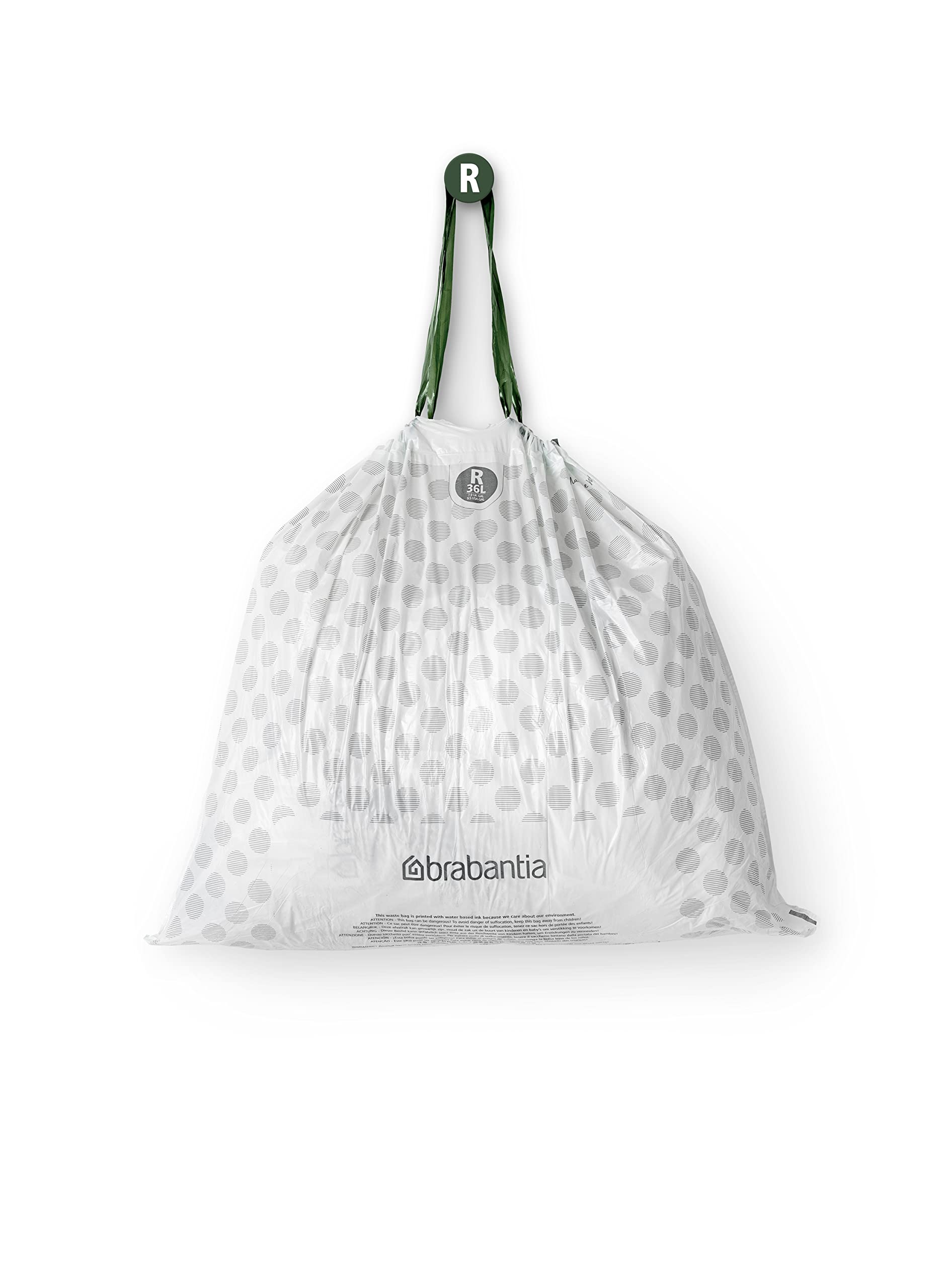 Brabantia PerfectFit Trash Bags (Size R/9.5 Gal) Thick Plastic Trash Can Liners with Drawstring Handles (120 Bags)
