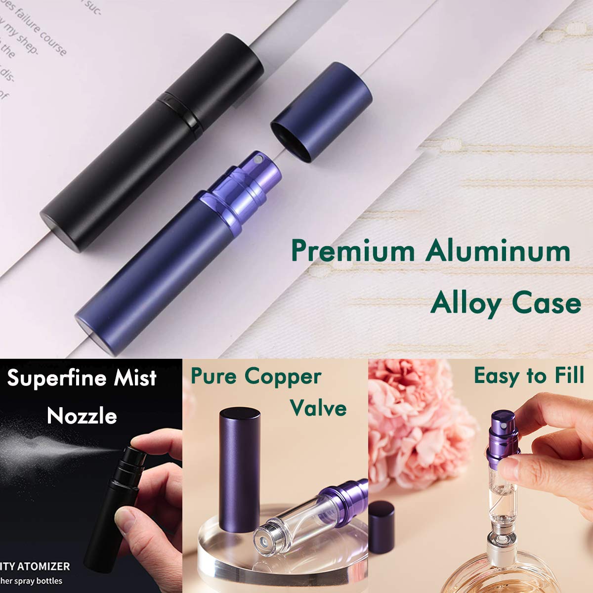 AsaNana Perfume Atomiser, Refillable & Travel Size Perfume Bottle, Leaking Proof,Bottom Pump without Funnel, Luxurious Small women and men, 5ml (CLa-2P(Black&MatBlue))