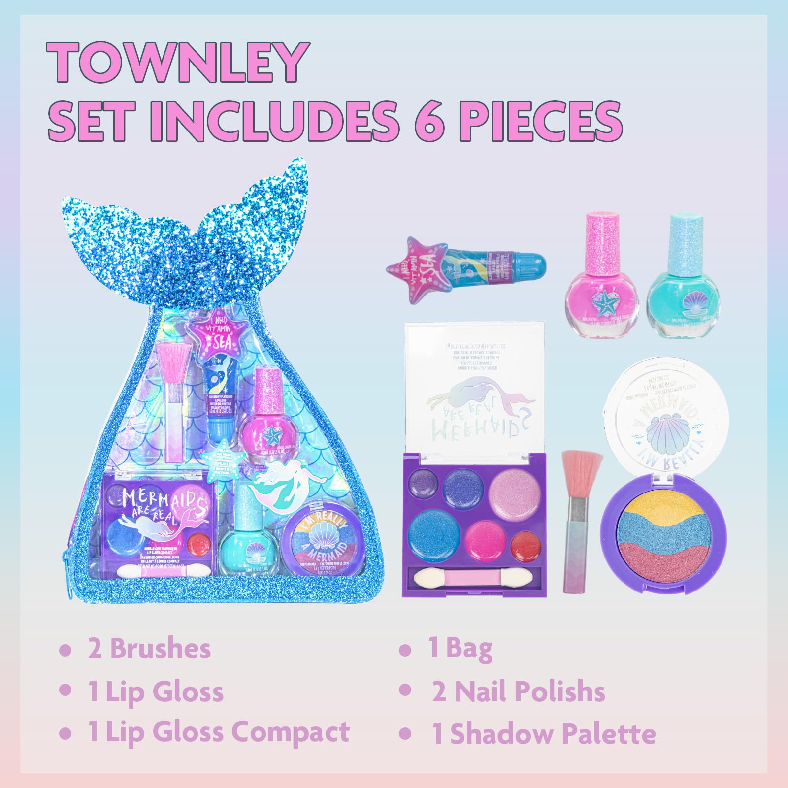 Townley Girl Mermaid Makeup Set for Kids | Makeup Kit Includes Lip Gloss, Nail Polish, a Mermaid Tail Bag & More | Birthday Gifts for Ages 3 & above