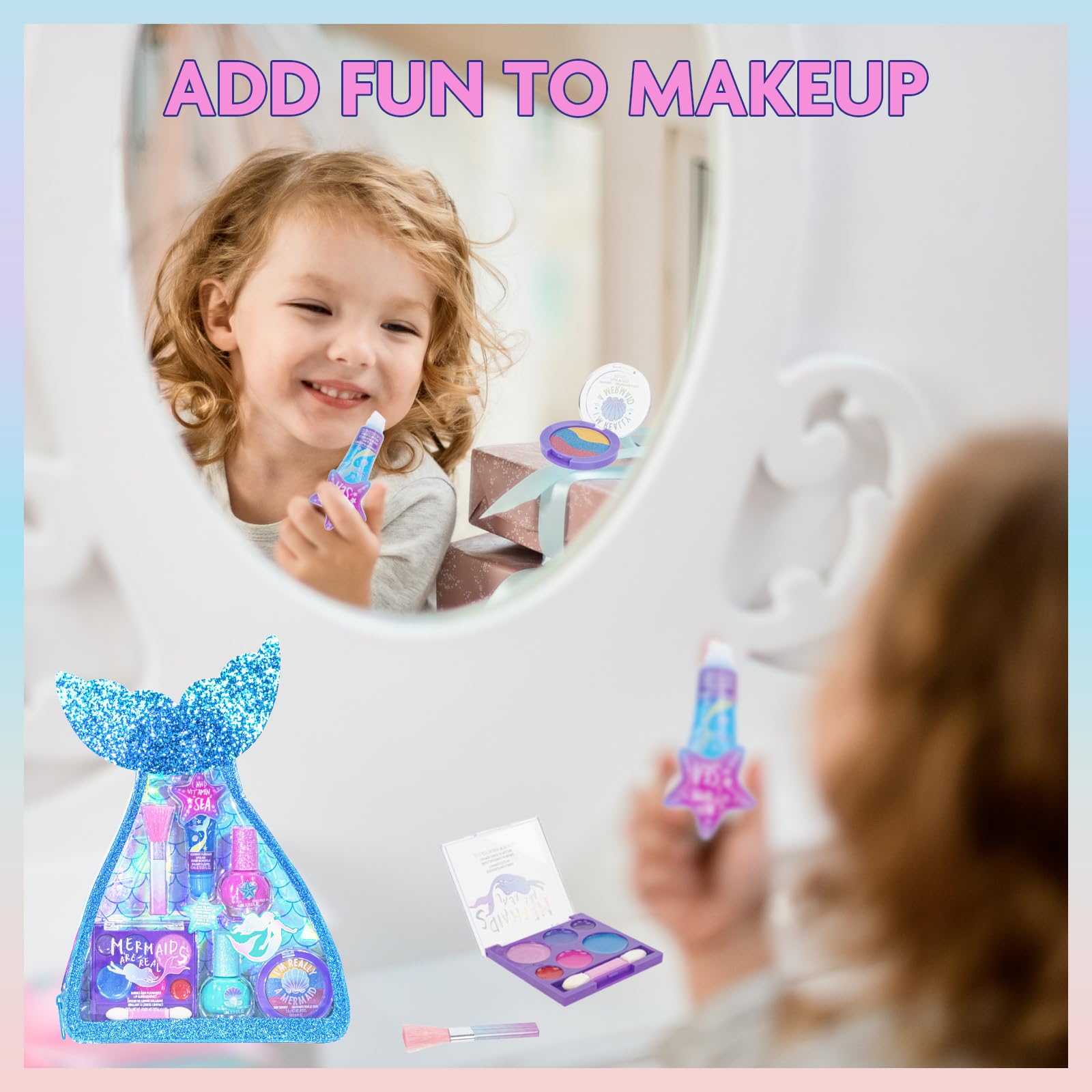 Townley Girl Mermaid Makeup Set for Kids | Makeup Kit Includes Lip Gloss, Nail Polish, a Mermaid Tail Bag & More | Birthday Gifts for Ages 3 & above
