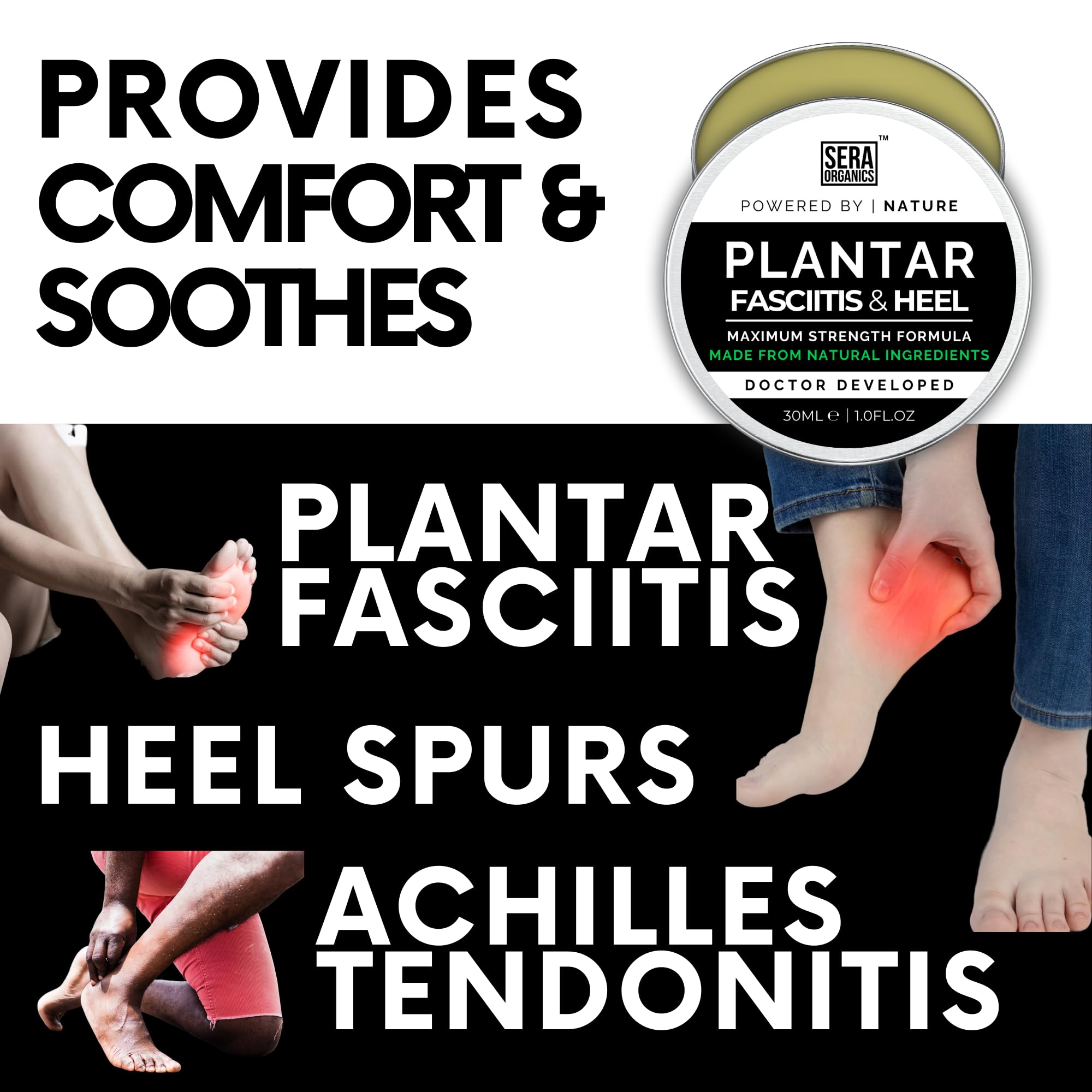 Plantar Fasciitis Relief & Heel Treatment | Maximum Strength Soothing Cream for Feet & Heel All-Natural Formula, Effective Soothing Plantar Fasciitis Relief - Made In the UK (30g) By Sera Organics
