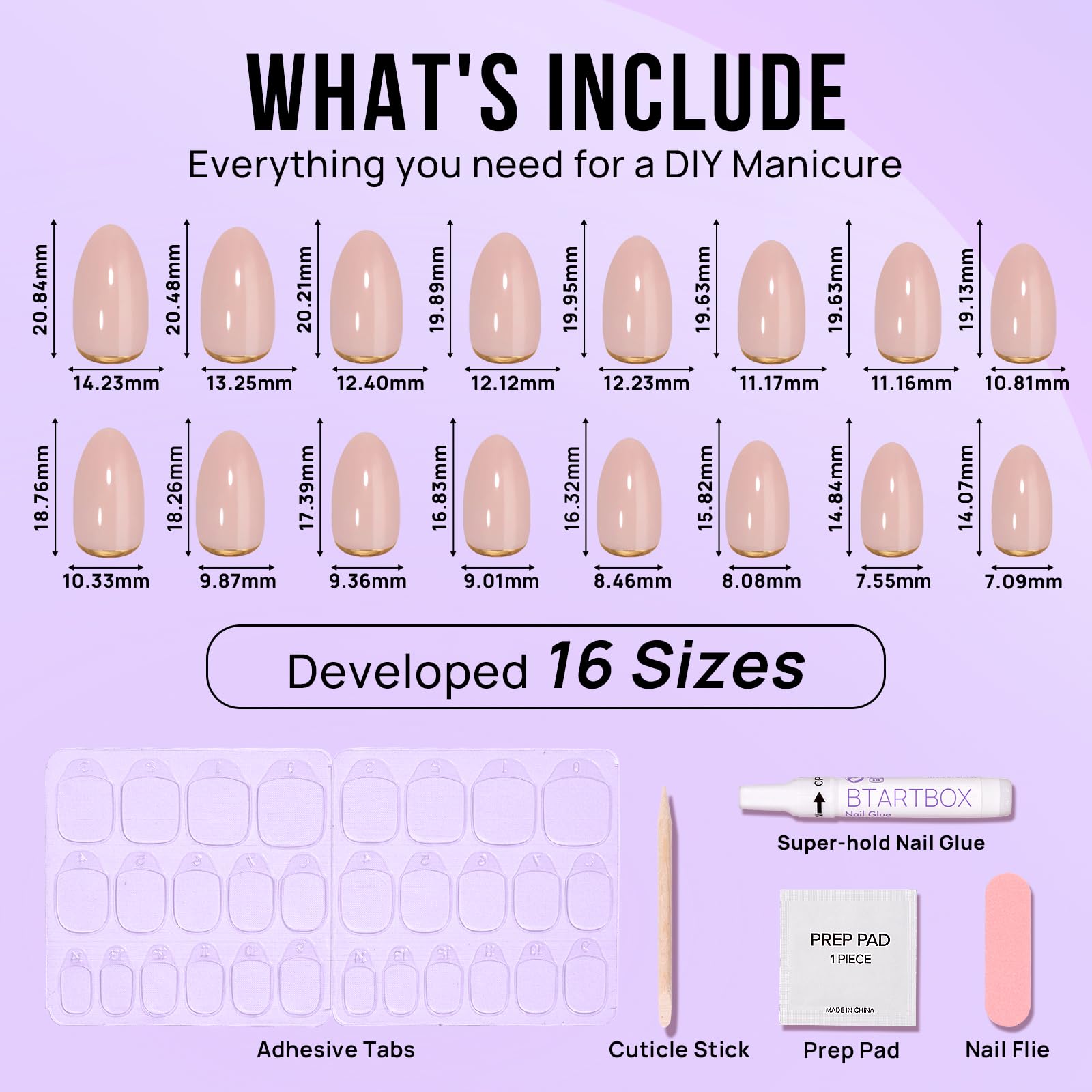 BTArtbox Press on Nails Almond - Short False Nails with Gold Foil Design, 30 Pcs Stick on Nails for Women, Supremely Fit & Glossy Fake Nail in 15 Sizes, Gold End