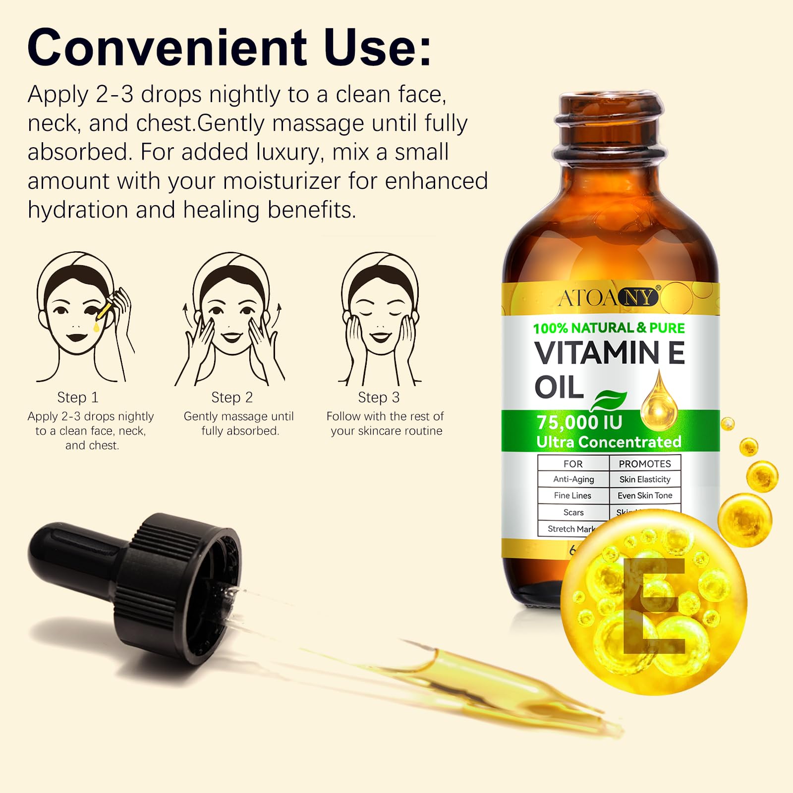 Vitamin E Oil 75,000 IU 2 Pack - 100% Organic Pure Vitamin E Oil for Skin, Face, Hair, Body - Natural Antioxidant for Dryness, Wrinkles, Scars & Stretch Marks, Deep Hydration for Soft, Glowing Skin