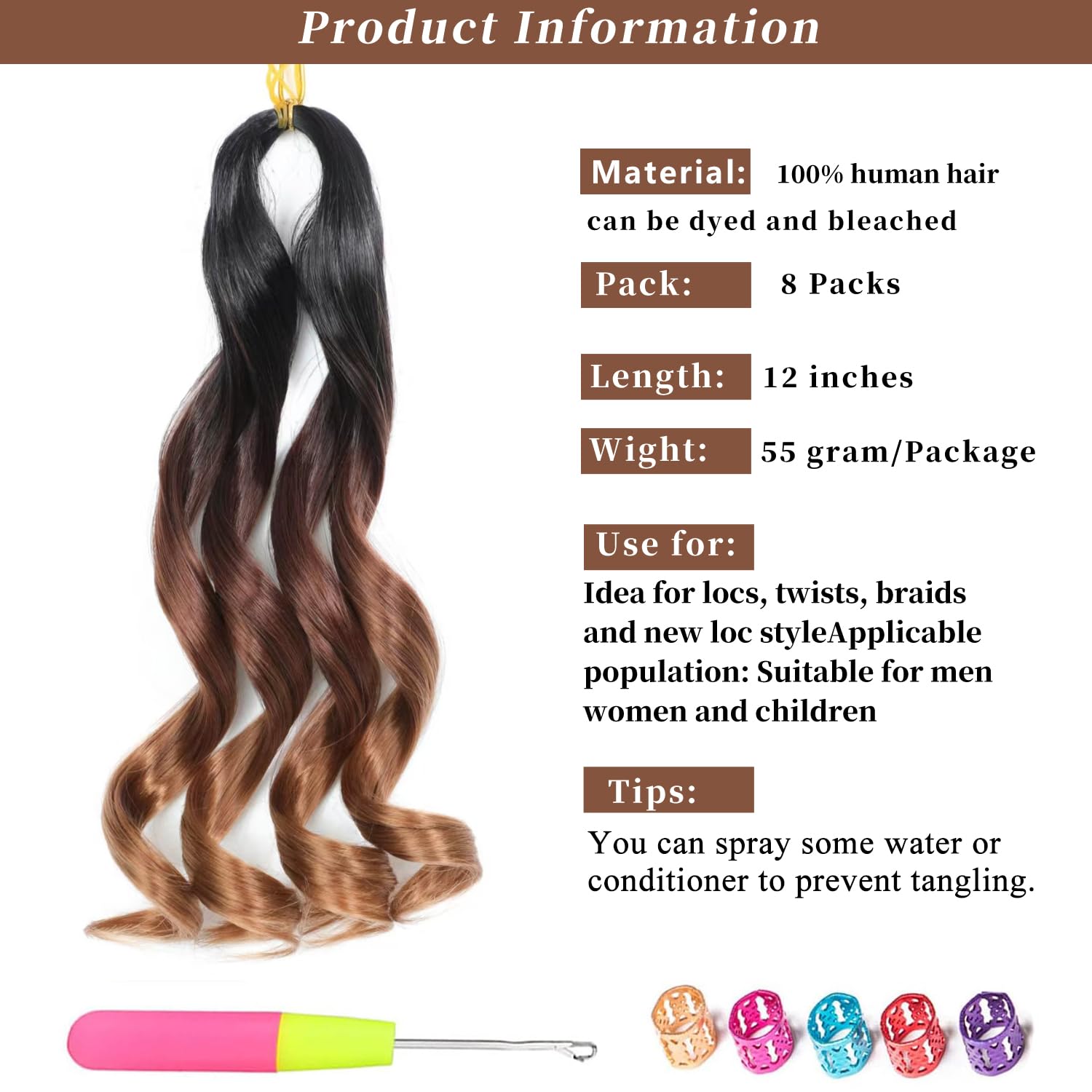 FALEMEI French Curl Braiding Hair 12 Inch 8 Packs Curly Braiding Pre Stretched Curls Braiding Extension French Curl Crochet Braids Spiral Braiding Hair Extensions (1B/33/30#, 12 Inch (Pack of 8))