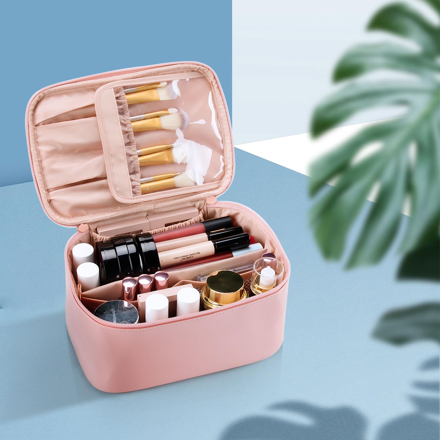 Travel Makeup Bag, Portable Cosmetic Bag with Makeup Brushes Organiser Large Capacity Toiletry Bags Holiday Essentials for Women, Pink