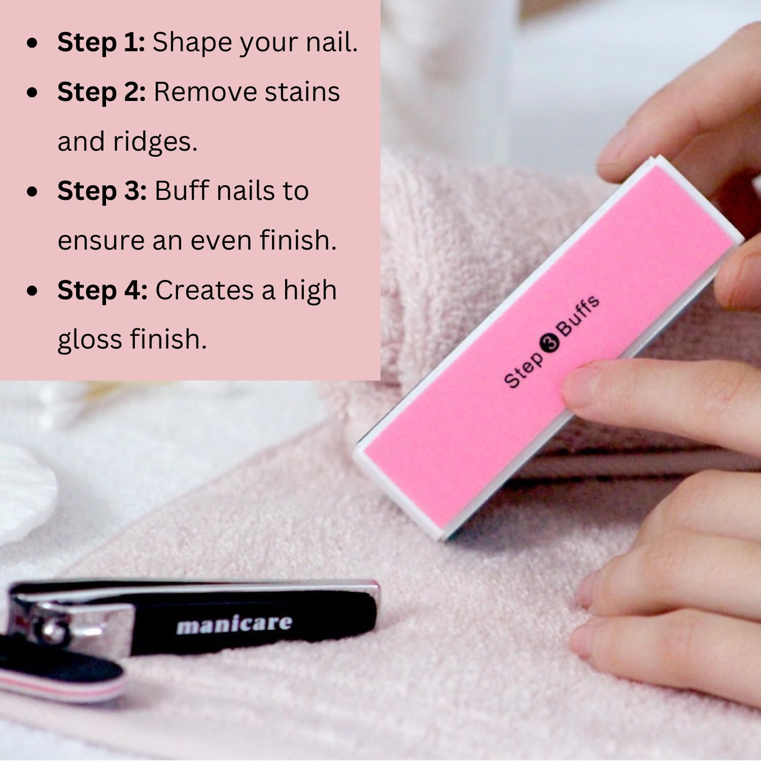 Manicare 4 Way Buffing Block For Nails, Removes Ridges And Creates An Instant High Gloss Shine, Easy To Use Manicure Tool For Shaping, Smoothing and Polishing Nails