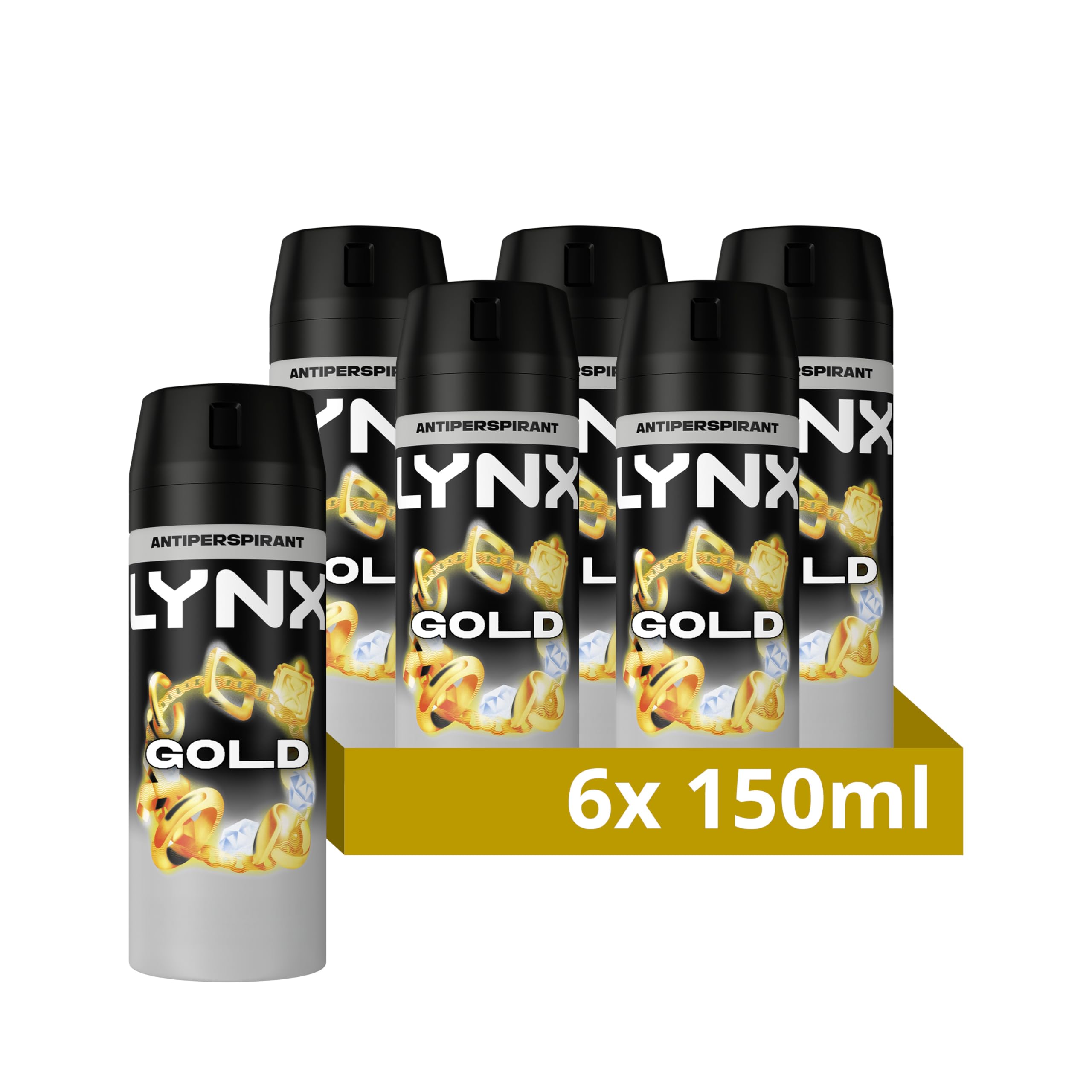 Lynx Gold Anti-Perspirant Aerosol Men's Deodorant Spray with ProScent technology and an oud wood & fresh vanilla scent for 72 hours protection against odour and wetness 6x 150 ml (Package may vary)