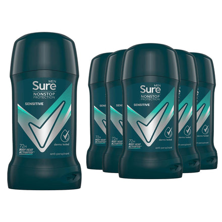 Sure Antiperspirant Deodorant Stick Sensitive 72H Nonstop Sweat and Odour Protection Roll On with Citrusy, Spicy and Woody Scent Deodorant for Men, 50ml Pack of 6