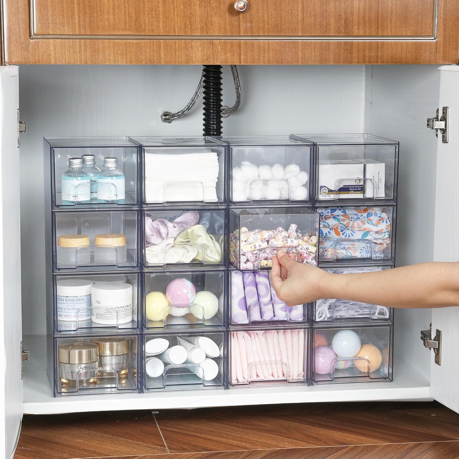 Vtopmart 4 pack Clear Stackable Storage Drawer, 4.4 Inch Tall Acrylic Bathroom Makeup Organiser, Plastic Storage box for Vanity, Under Sink, Kitchen Cupboard, Pantry, Home Organization