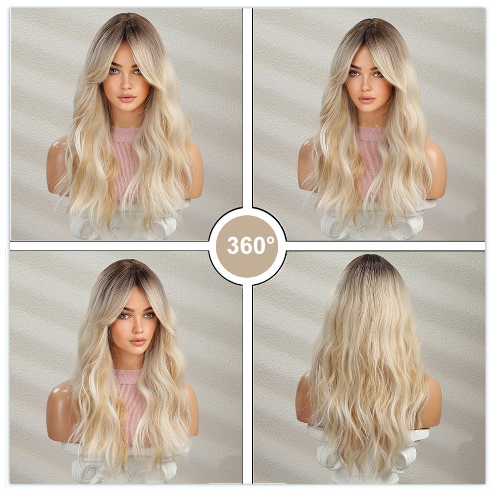 Esmee Long Wavy Ombre Blonde Wigs for Women Natuaral Synthetic Hair Heat Resistant Wig for Daily Party Cosplay Use