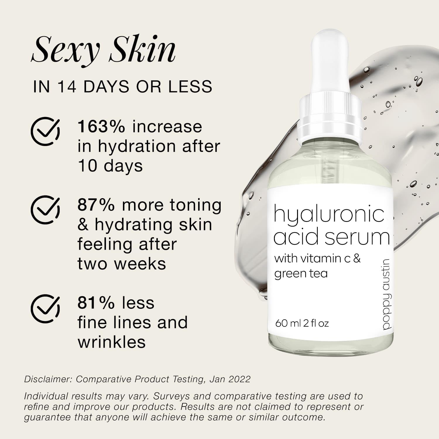 Poppy Austin 60mL Face Serum- Pure Hyaluronic Acid Serum for Face- Skin Serum for Women with Vitamin C- Vegan, Cruelty-Free Anti Aging Serum- Hydrates & Brightens Skin, Targets Fine Lines & Wrinkle