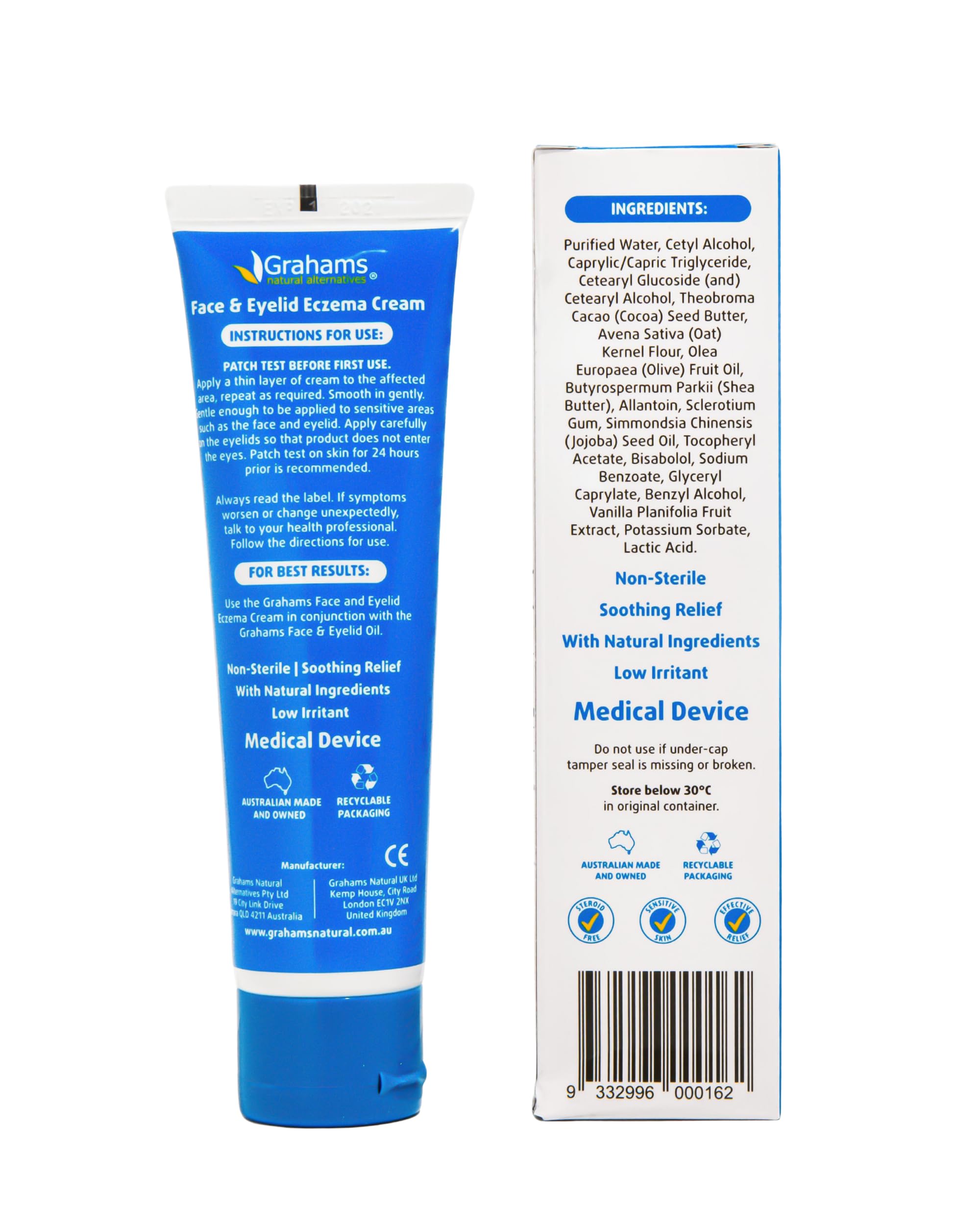 Grahams Natural Face & Eyelid Eczema Cream - Face Cream for Eczema, Dermatitis & Itch Relief - with Colloidal Oatmeal for Dry Skin, Redness & Inflammation | Hypoallergenic & Steroid-Free (100g)