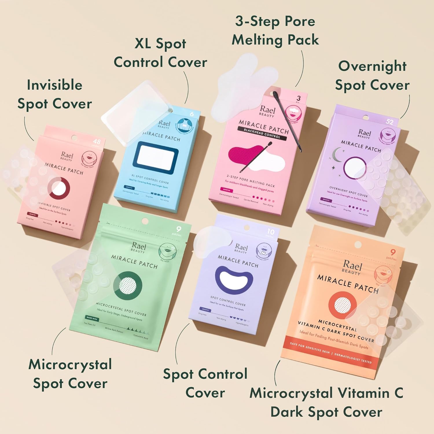 Rael Pimple Patches, Miracle Overnight Spot Cover - Korean Skincare, Hydrocolloid Acne Spot Patch, Thicker & Extra Adhesion, 3 Sizes (104 Count)