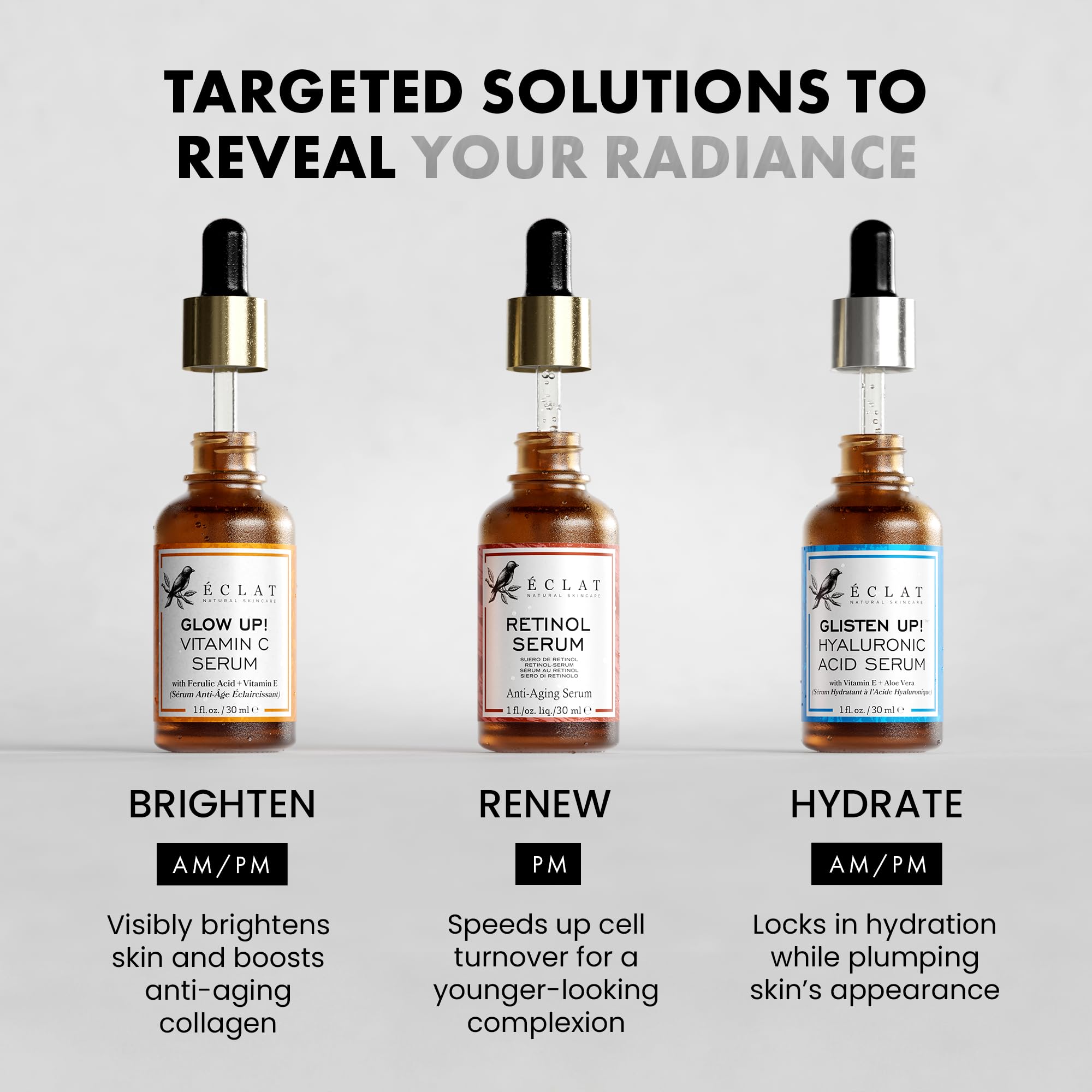 Eclat Skincare Face Serum Set – Vitamin C, Retinol, Hyaluronic Acid for Hydration & Anti-Aging – Brightening & Firming Facial Serums – 3 Pack Face Care Set