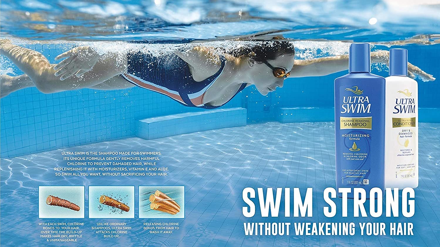 UltraSwim Chlorine Removal Shampoo. Moisturising Formula. Removes Chlorine and Chlorine Odour With Just One Use, Can Be Used After Every Swim. 207 Millilitres