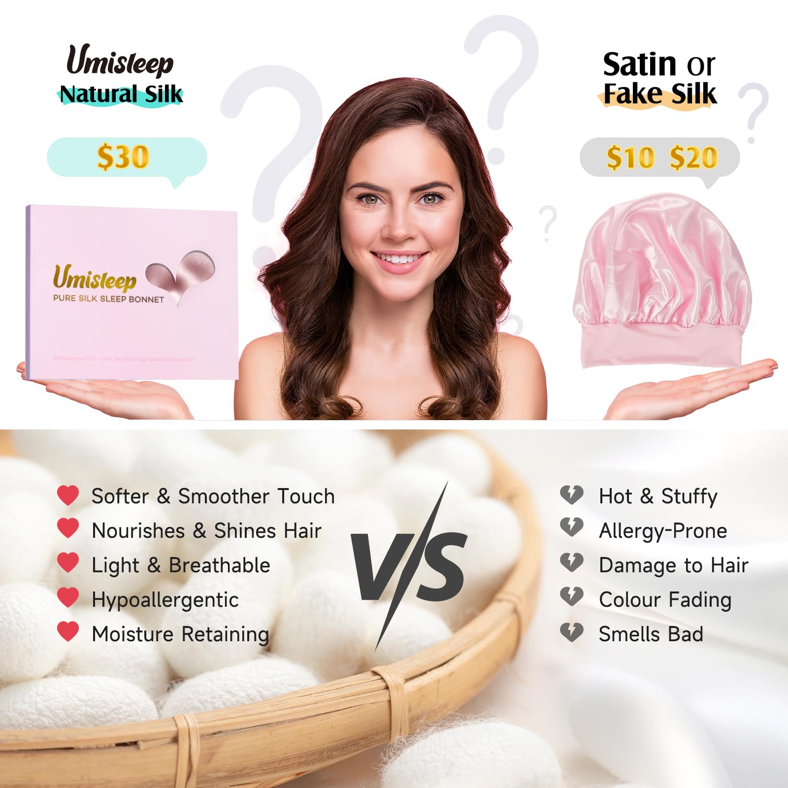 Umisleep 100% 22 Momme Mulberry Silk Bonnet for Sleeping Women, Larger Double Layer Silk Hair Wrap for Curly Short Long Hair, Non-Slip Sleep Cap Turban with Elastic Tie Band for Hair Care, Pink