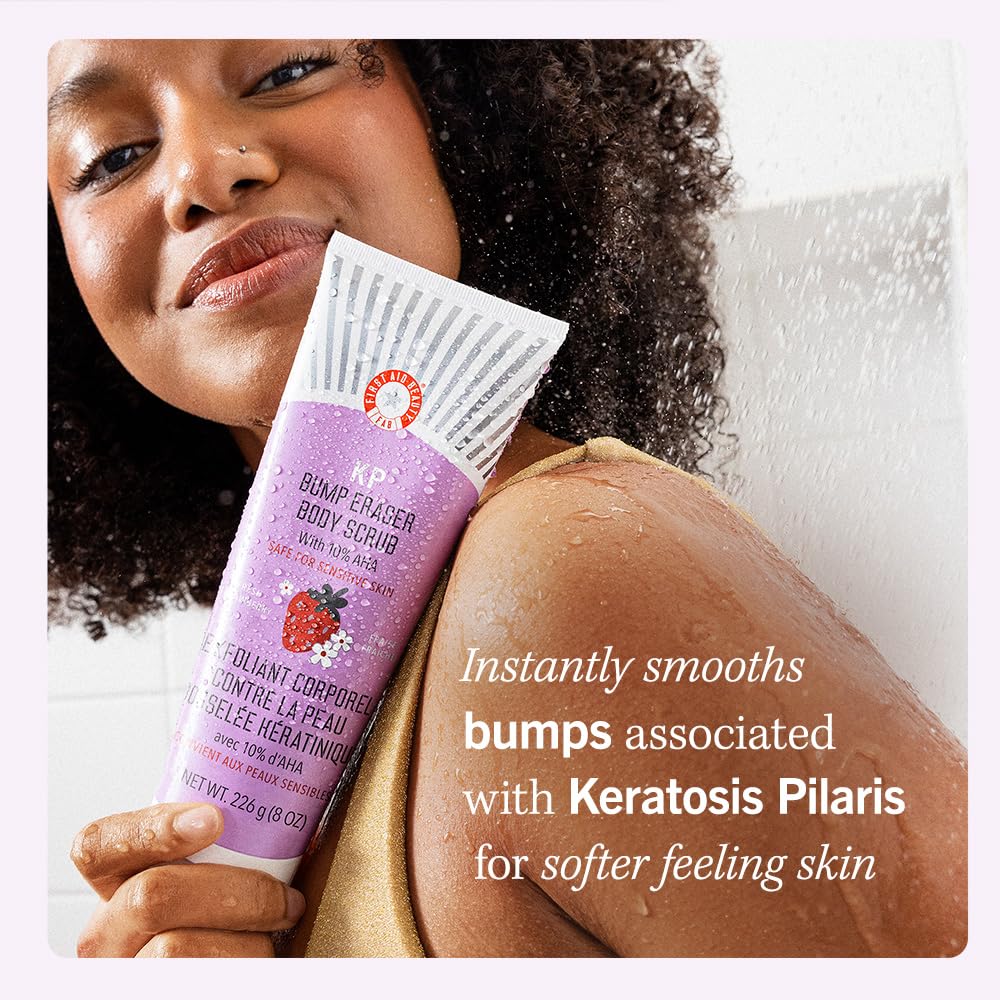 First Aid Beauty - KP Bump Eraser Body Scrub with 10% AHA, Keratosis Pilaris Exfoliater with Glycolic and Lactic acids, Helps Reduce Chicken Skin Bumps, Safe for Sensitive Skin, Strawberry Scent, 226g
