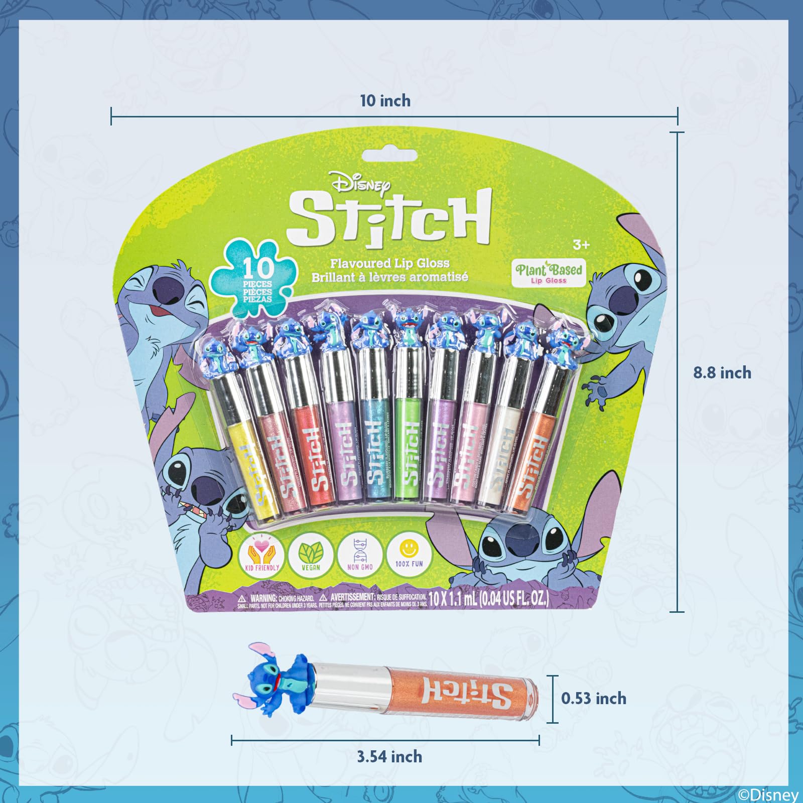 Stitch 10 Piece Plant Based Lip Gloss, Girls Party Favours, First Makeup Set for Girl, Perfect for Parties, Sleepovers and Birthday Gifts, Ages 3+, by Townley Girl