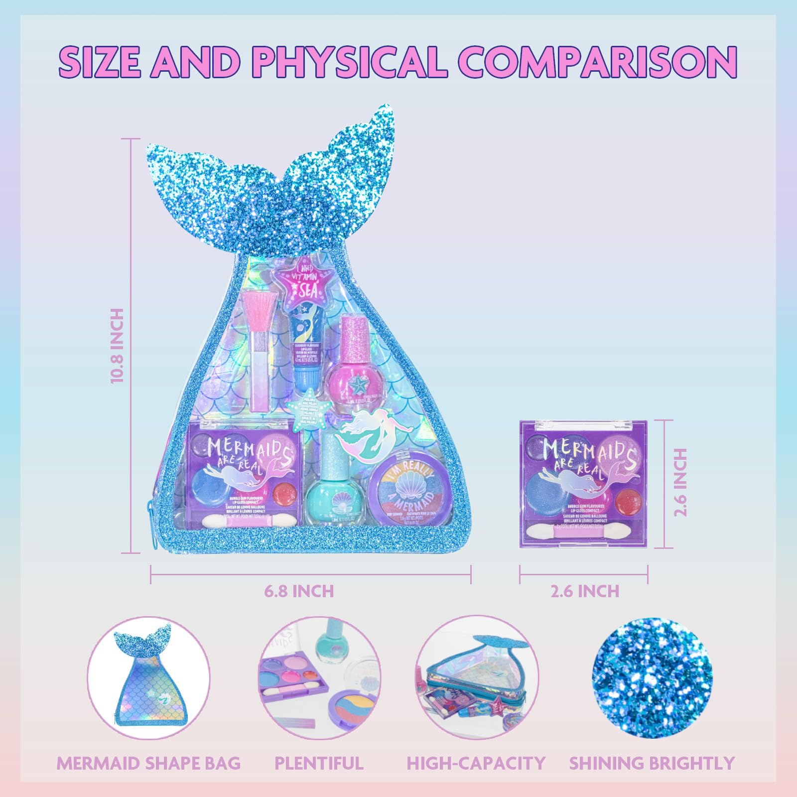 Townley Girl Mermaid Makeup Set for Kids | Makeup Kit Includes Lip Gloss, Nail Polish, a Mermaid Tail Bag & More | Birthday Gifts for Ages 3 & above
