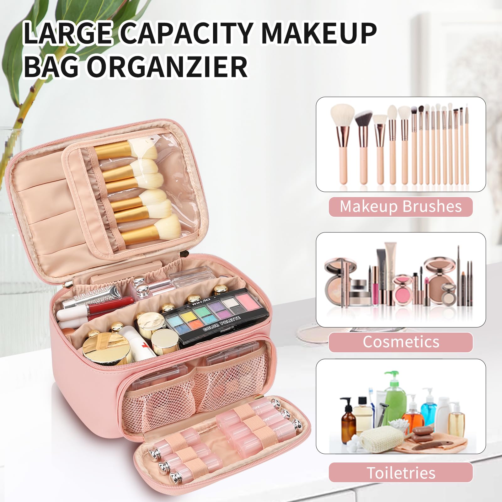 Travel Makeup Bag, Portable Cosmetic Bag with Makeup Brush Organiser Large Capacity Make up Case Water-Resistant Toiletry Bag for Women Travel Essentials, Large Pink