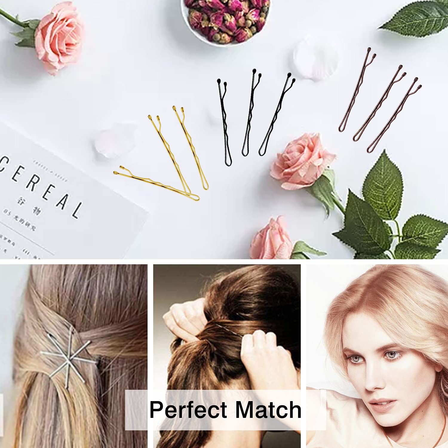 150 PCS Bobby Pins, 2 Inch Hair Clips for Women's Hair Styling with Storage Box (Black, Blonde, Brown)