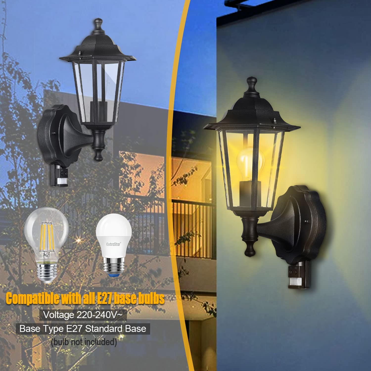 EXTRASTAR Outdoor 6 Sided Black Wall Lantern Security Light with PIR Motion Sensor IP44 Weatherproof with Lamp E27