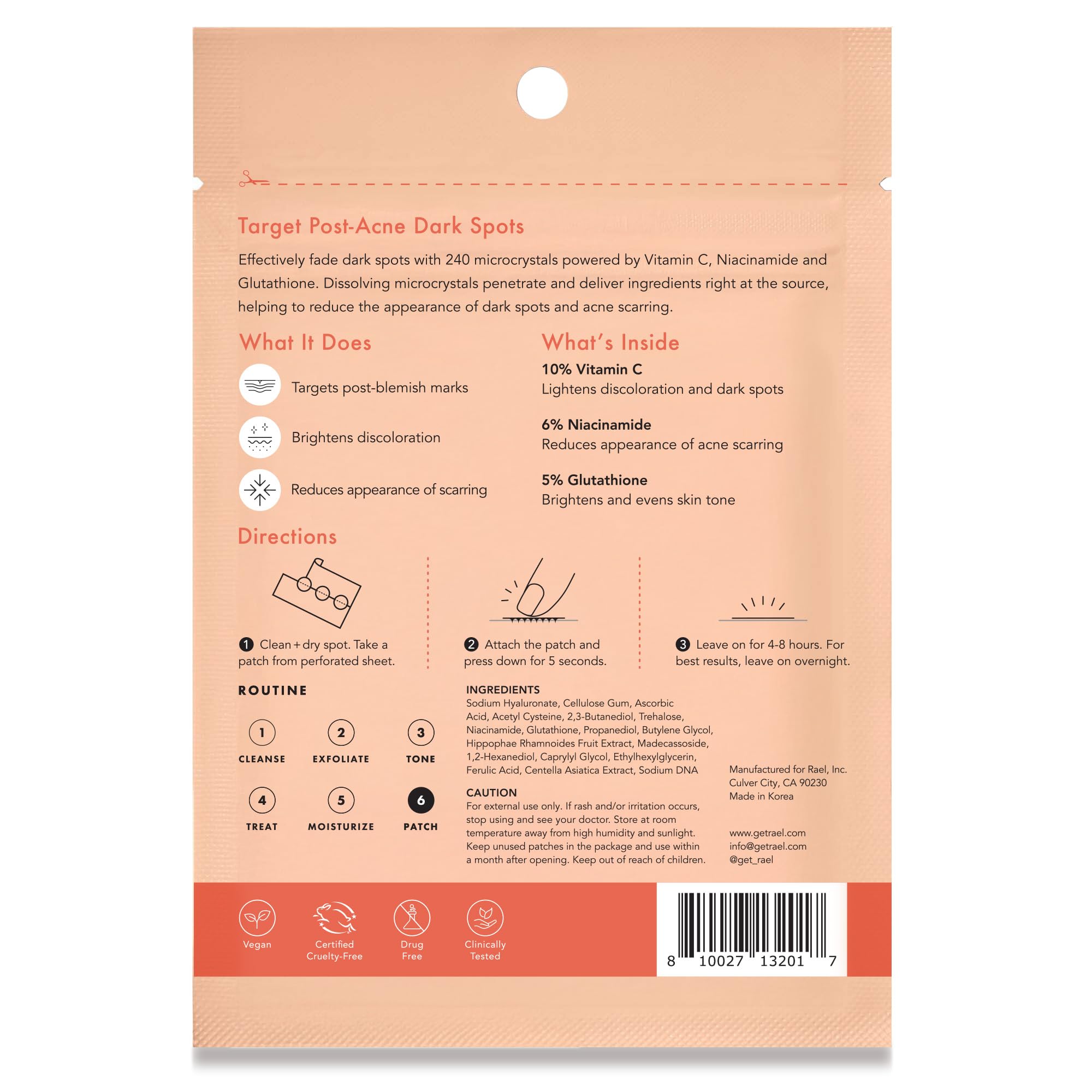 Rael Pimple Patches, Miracle Microcrystal Vitamin C Dark Spot Cover - Korean Skincare, Post Acne Mark Remover Correcting Treatment, w/ Glutathione, Niacinamide, Hydrocolloid, Vegan (9 Count)