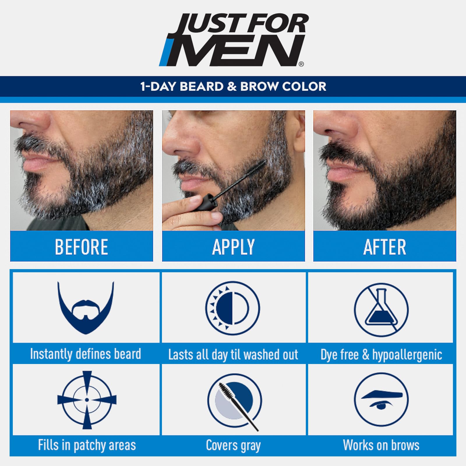 Just For Men 1-Day Beard and Brow Colour Brush, For Instant 1-Step Grey Coverage, Brush-In, Wash-Out, For A Thicker Well-Defined Look, Real Black