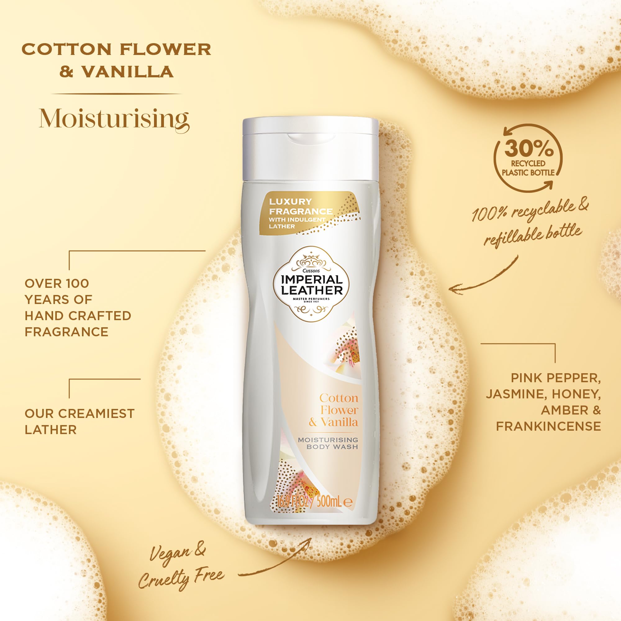 Imperial Leather Cotton Flower & Vanilla Moisturising Body Wash Shower Gel Signature Oil Blend, Creamy Lather, Gentle Skin Care, Bulk Buy, Pack of 6x500ml