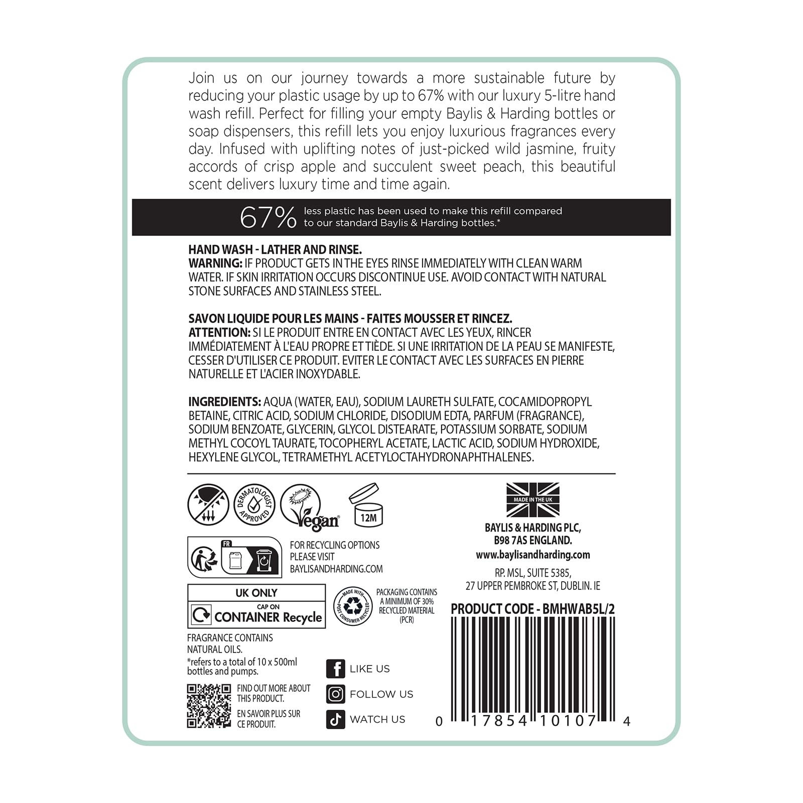 Baylis & Harding Jasmine & Apple Blossom Anti-Bacterial Hand Wash 5 Litre Refill (Pack of 2 - Total 10 Litres) - Vegan Friendly