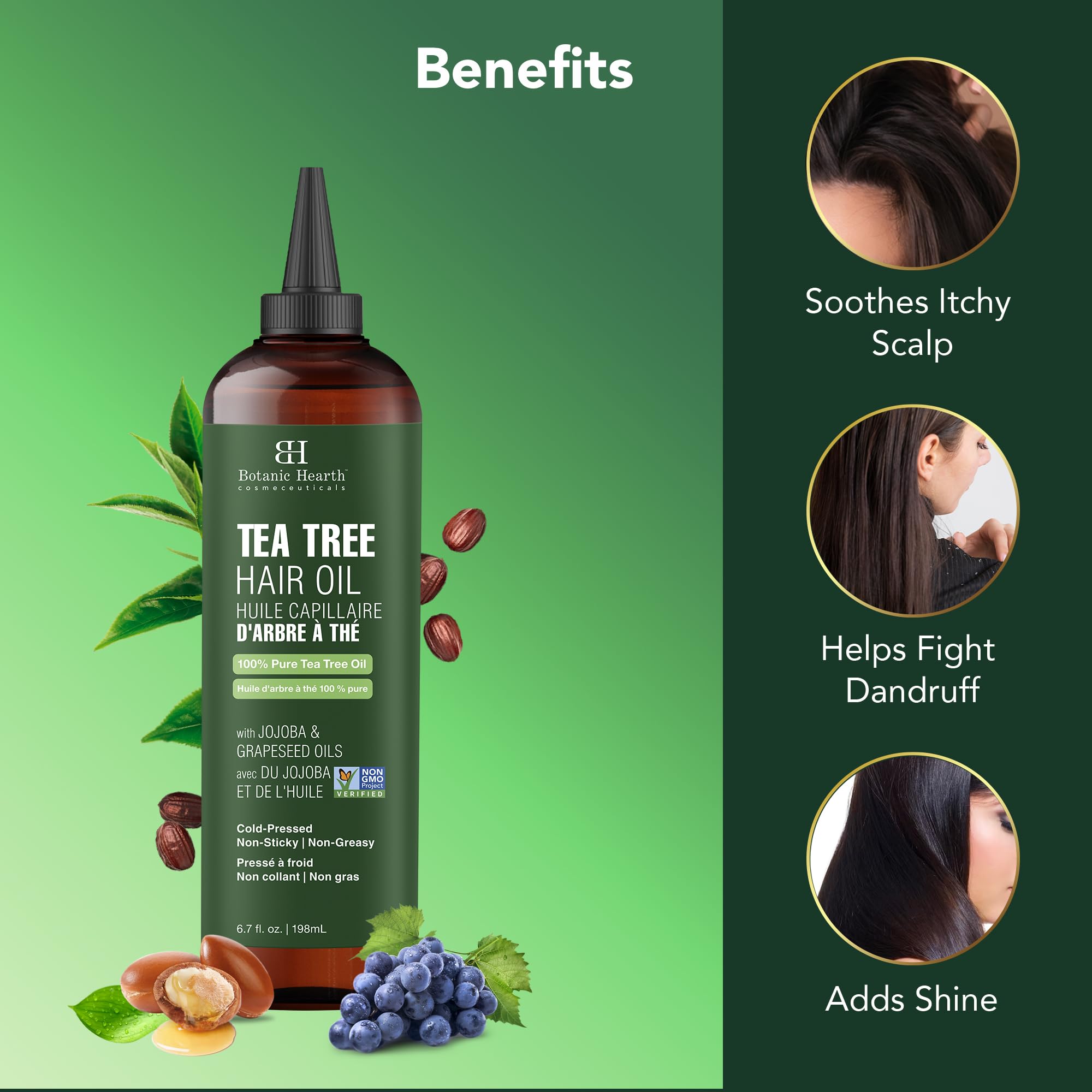 Botanic Hearth Tea Tree Oil for Hair (6.7 fl oz) | With Jojoba & Grapeseed Oils | Soothes Itchy Scalp & Fights Dandruff | Non GMO Verified