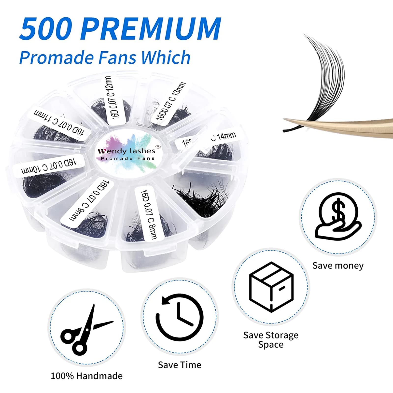 Pre Made Fan Eyelash Extensions 16D 0.07mm D Curl 500 Fans 9-16mm Mixed Tray Premium Premade Fans Volume Russian Lash Extensions Handmade Promade Loose Fans Lash(500-16D-0.07-D-916)