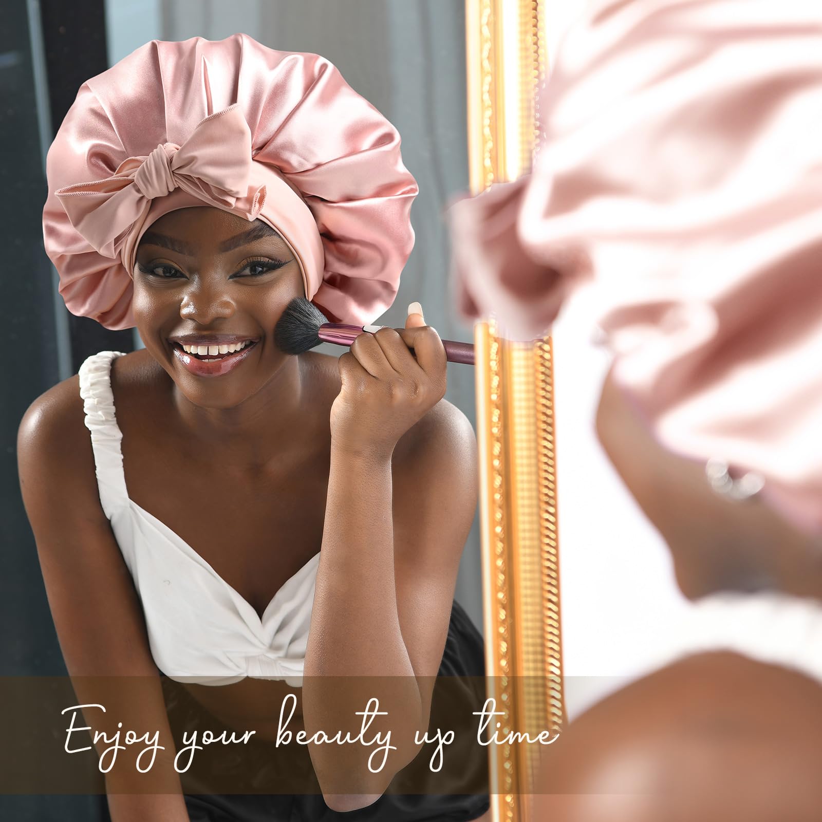 YANIBEST Silk Sleep Cap Satin Bonnet for Black Women Men for Curly Braids, Blush Pink, L