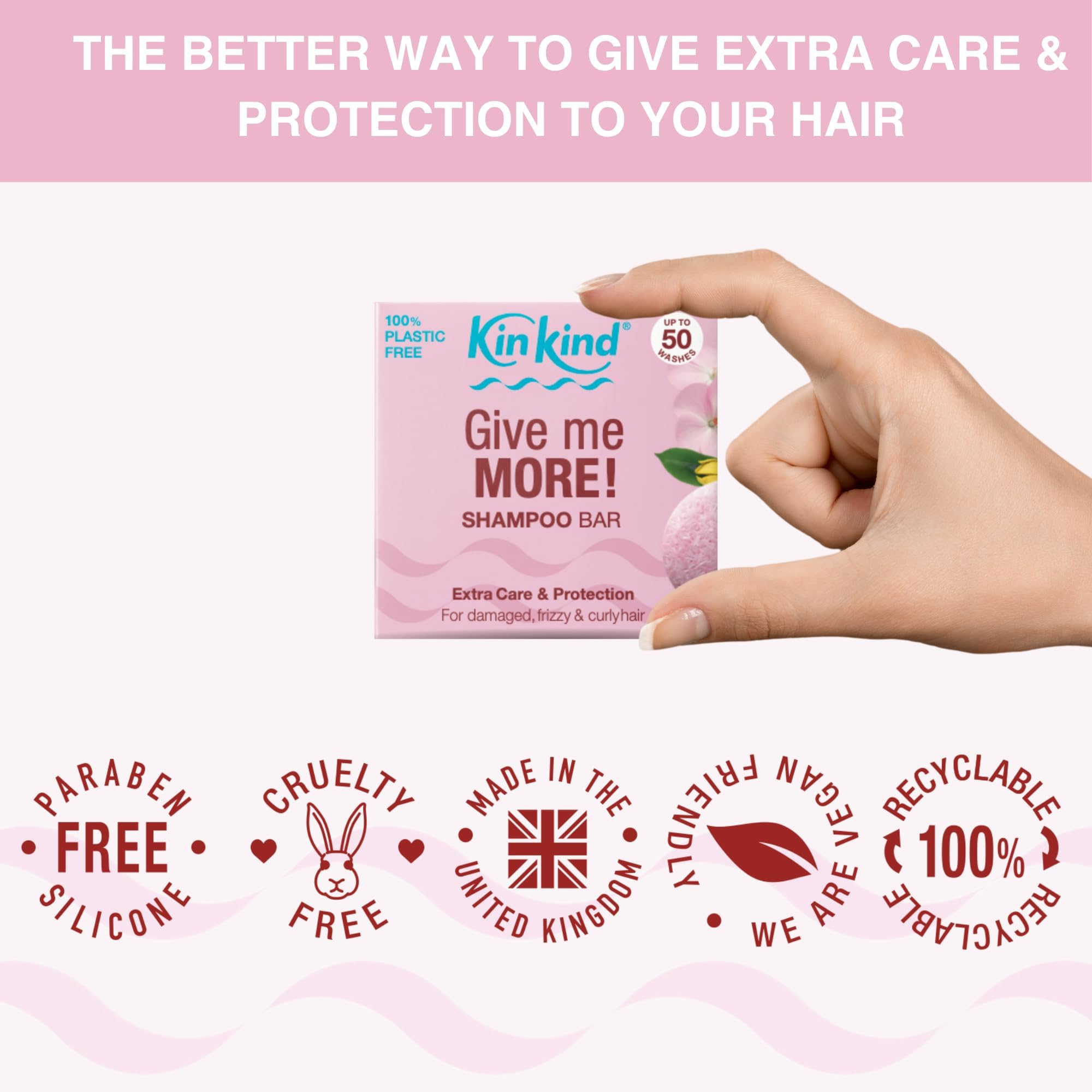 KinKind Give me MORE! Shampoo Bar for for Curly, Damaged & Frizzy hair. Extra Care & Protection. Up to 50 washes. Vegan. No silicones or parabens. UK made. 50g