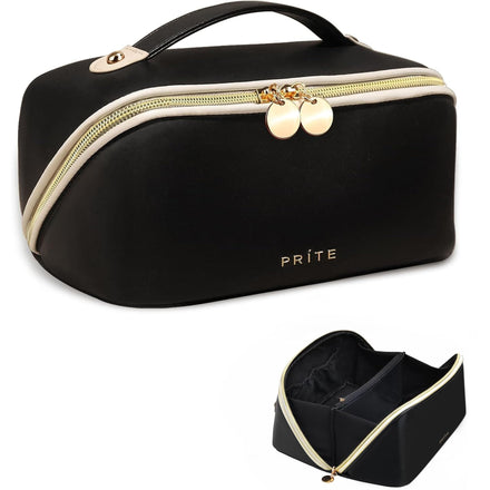 Prite Large Capacity Makeup Bag Portable Travel Cosmetic Bag Waterproof Toiletry Case with Clear Divider and Handle (Black L)
