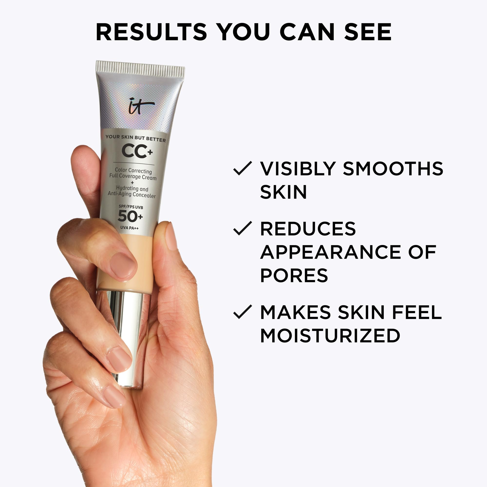 iT Cosmetics Full Coverage Foundation with SPF 50 Protection, Enriched with Hyaluronic Acid & Vitamin E, Your Skin But Better CC+ Cream, Shade: Fair Light, 32ml