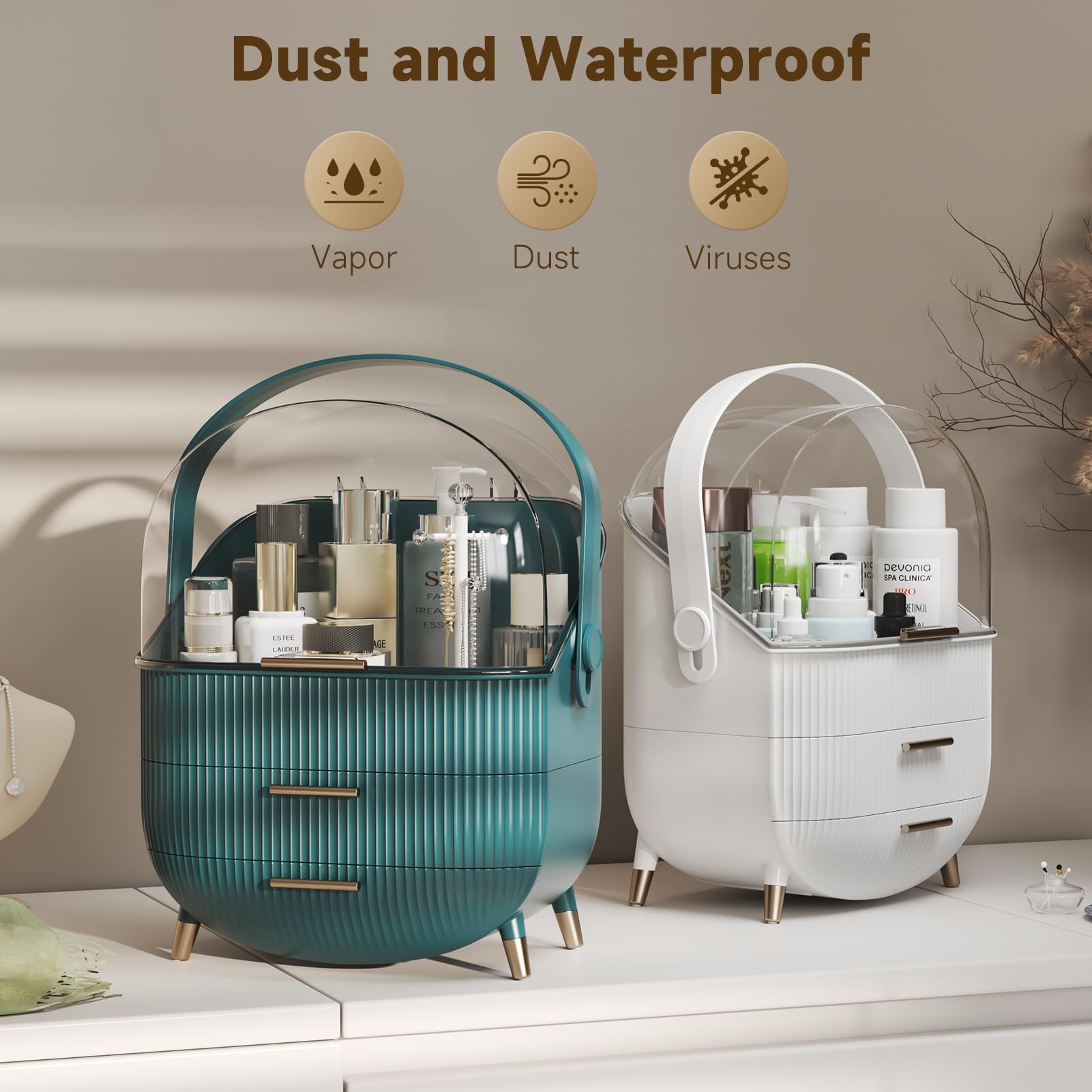 Multi-Function Make Up Case Dustproof Cosmetic Storage Box, Organizer Skin Care Products Jewelry Organizer Finishing Box for Bedroom Bathroom Desktop (Dark Green)