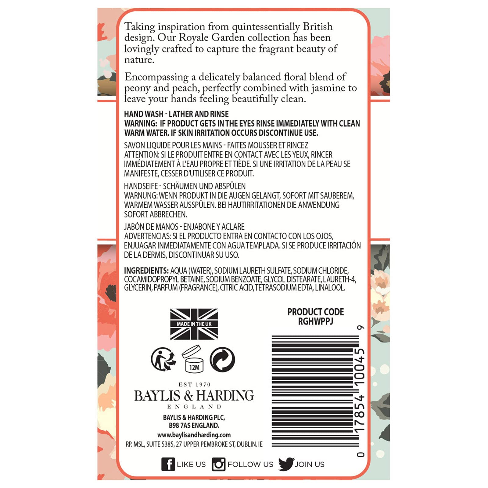 Baylis & Harding Liquid Hand Soap Wash with Dispenser, Royale Garden, Peach Peony & Jasmine, 16.9oz/500ml (6-Pack)