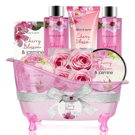 BODY & EARTH , 8pcs Pamper Gifts for Women with Cherry Blossom&Jasmine, Includes Bubble Bath, Soap, Birthday Gifts for Women, Valentines Gifts for Her, Spa Bath Sets