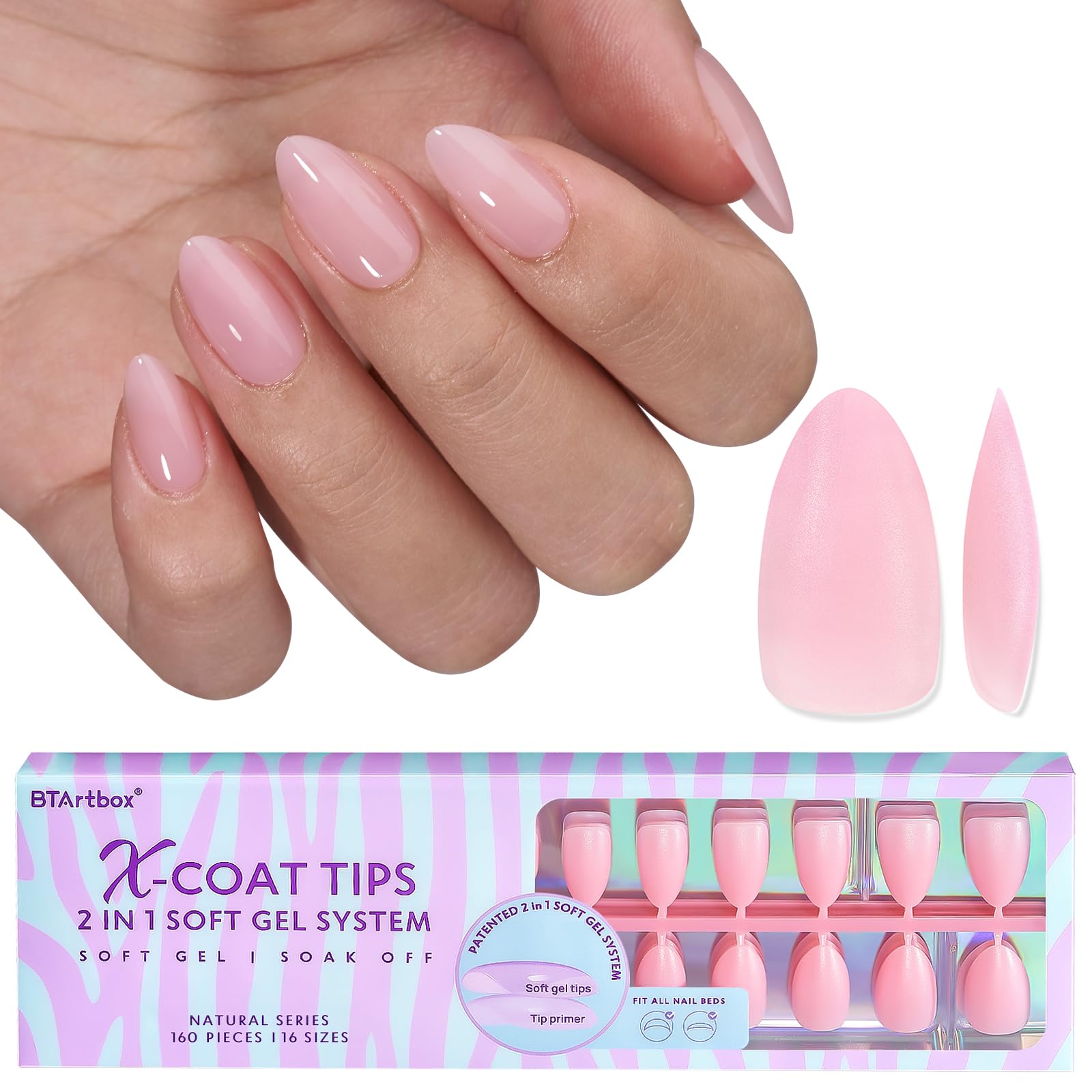Short Almond Gel Nail Tips - BTArtbox XCOATTIPS 160 Pcs Fake Nails, Pre-applied Tip Primer Soaked Off Press On Nails for Nail Extensions in 16 Sizes