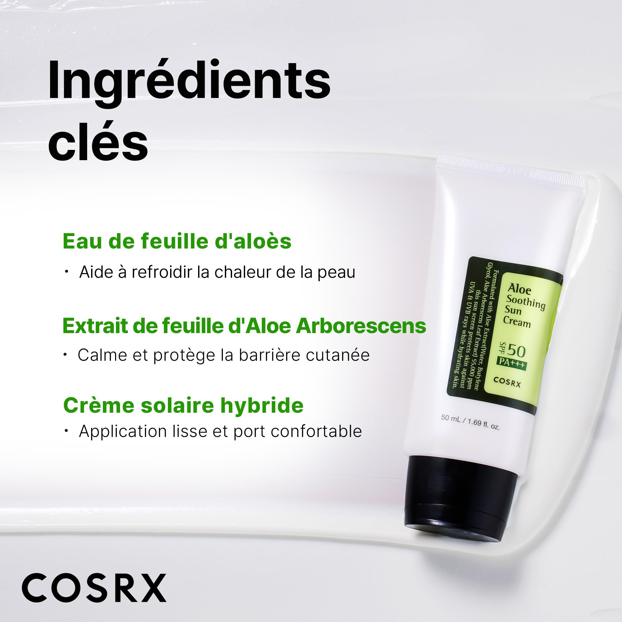 COSRX Aloe Soothing Sun Cream SPF 50+++, Daily Hydrating Sunscreen for Dry Sensitive Skin, UVA&UVB Protection, No White Marks, Sun Moisturiser, Korean Sunscreen, Korean Skincare