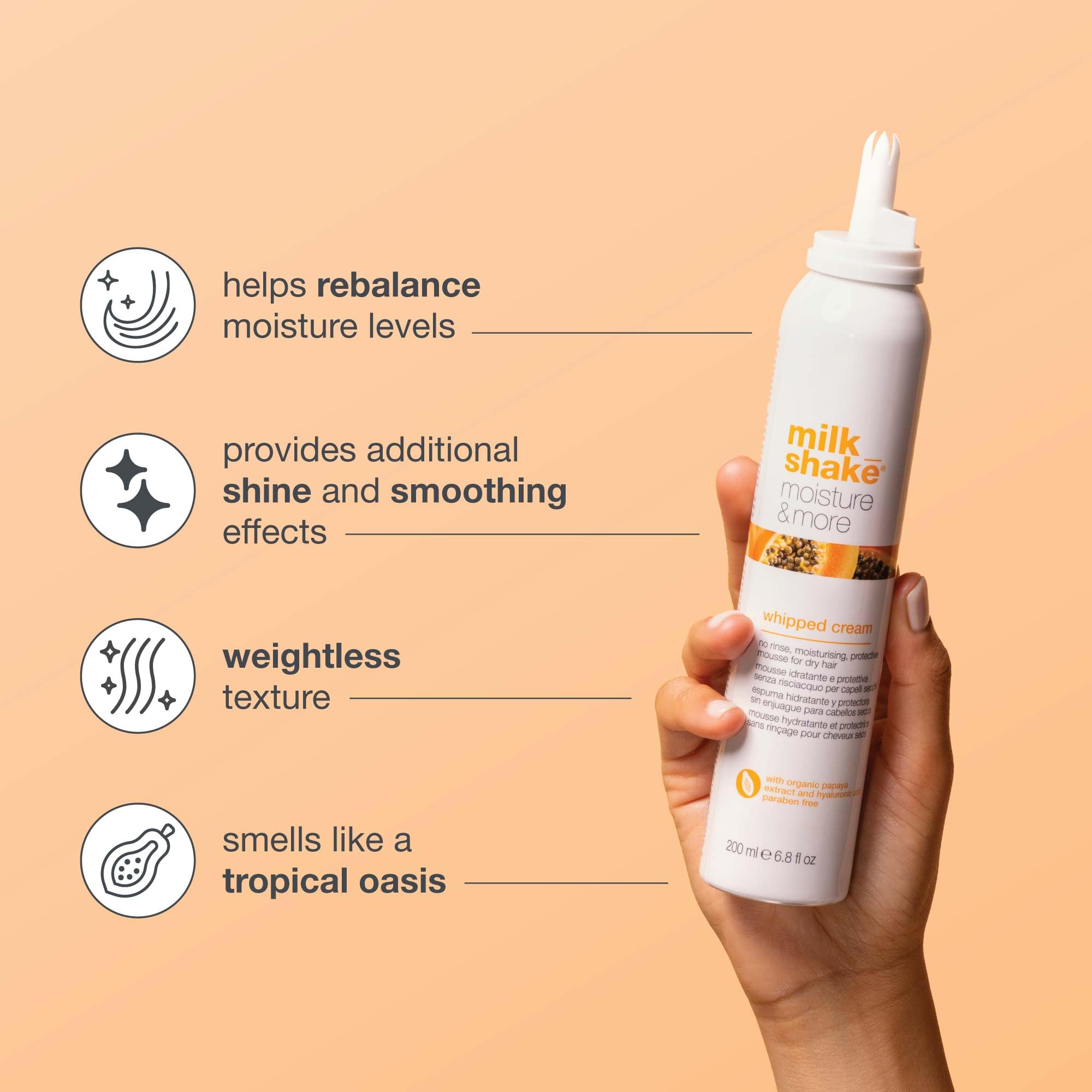 milk_shake | Moisture & More Whipped Cream 200 ml, No Rinse, Moisturising, Protective Mousse for Dry Hair, Made in Italy