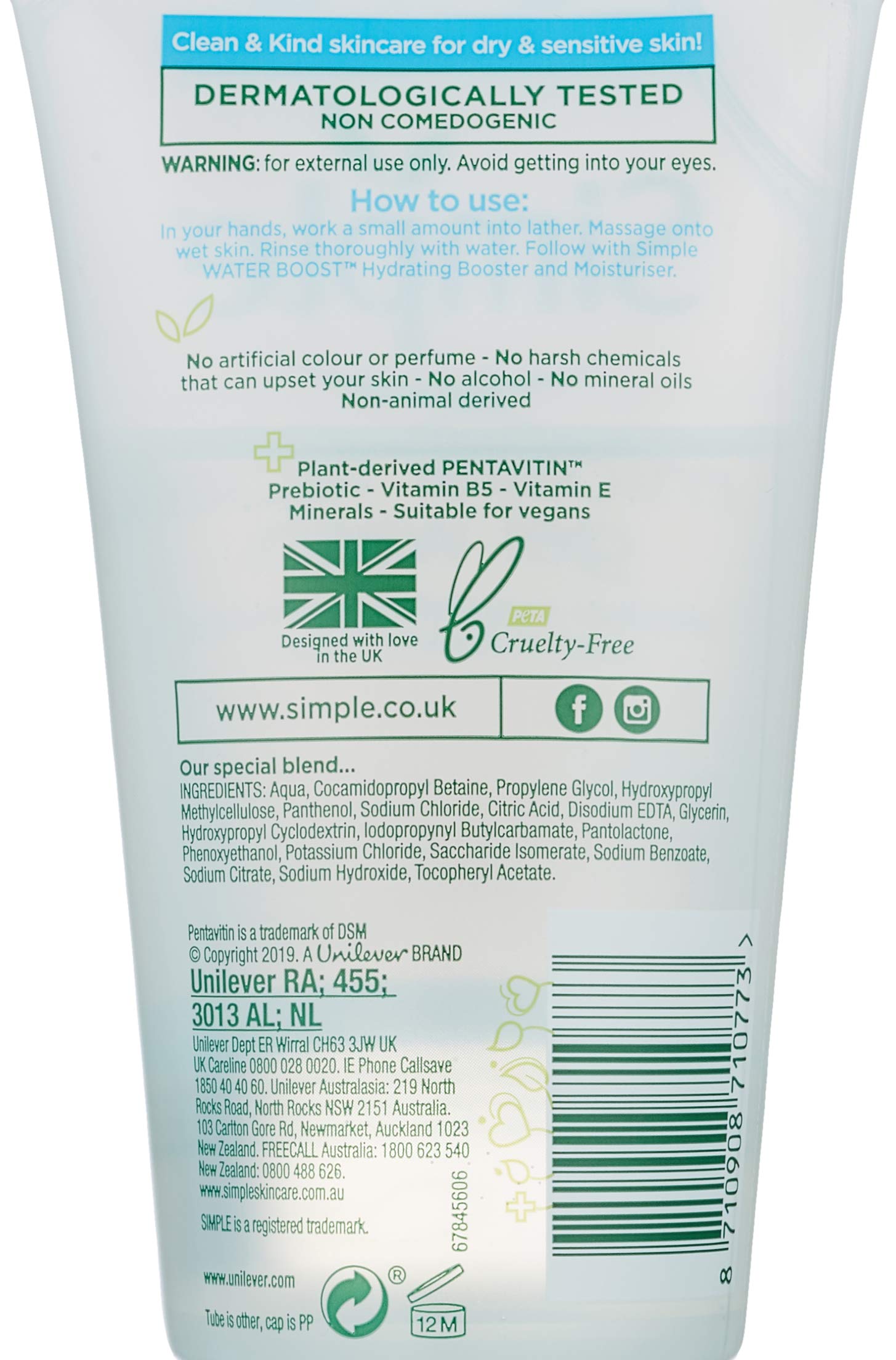 Simple Facial Gel Wash Cleanser, Water Boost Micellar For Dry Or Sensitive Skin, 5 Ounce (Pack Of 6)