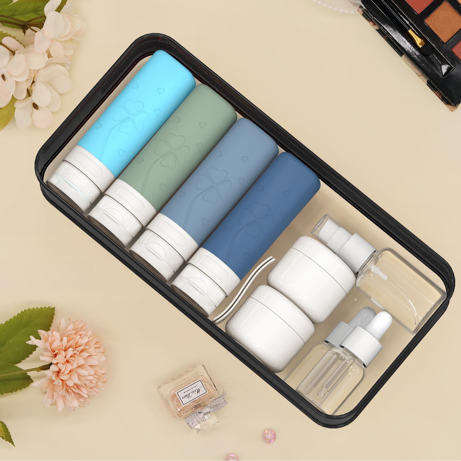 SAHMVER 12 Pcs Travel Bottles for Toiletries, Travel Size Containers with Cream Jars, Airplane Travel Essentials Leak Proof Silicone Squeezable Travel Accessories for Shampoo Conditioner Lotion Cream